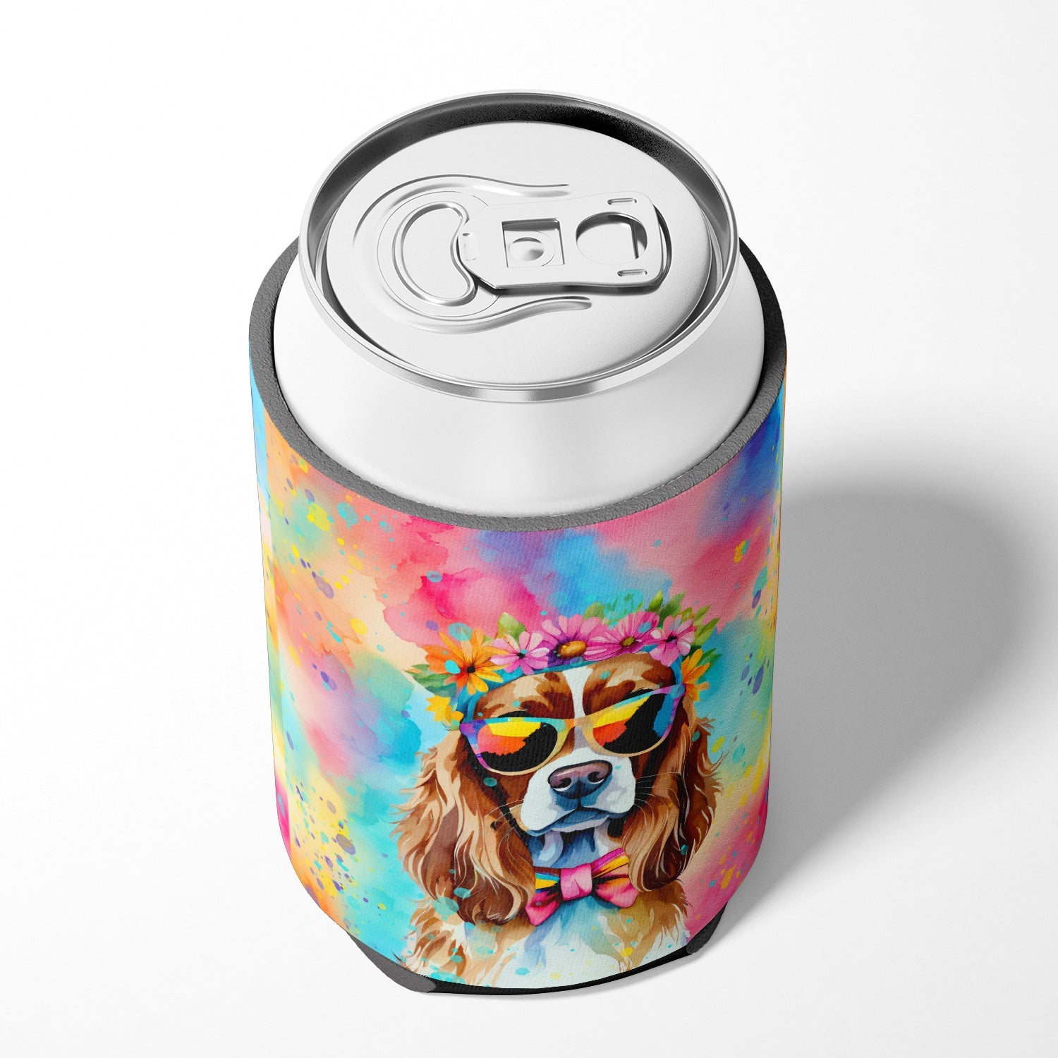 Cavalier Spaniel Hippie Dawg Can or Bottle Hugger Cooler Sleeve for Standard 12 oz Cans, Insulated Foam Beer & Soda Can Hugger Reusable