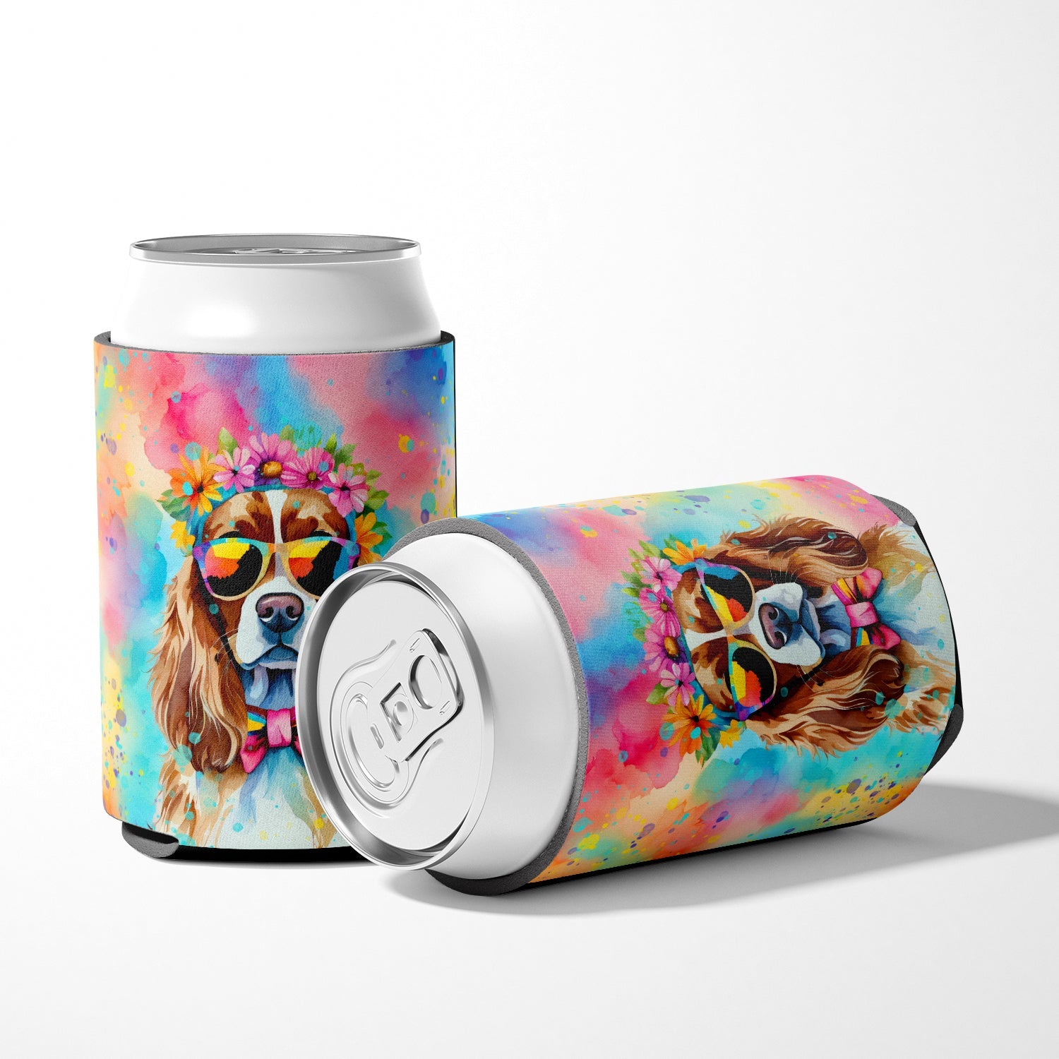 Cavalier Spaniel Hippie Dawg Can or Bottle Hugger Cooler Sleeve for Standard 12 oz Cans, Insulated Foam Beer & Soda Can Hugger Reusable