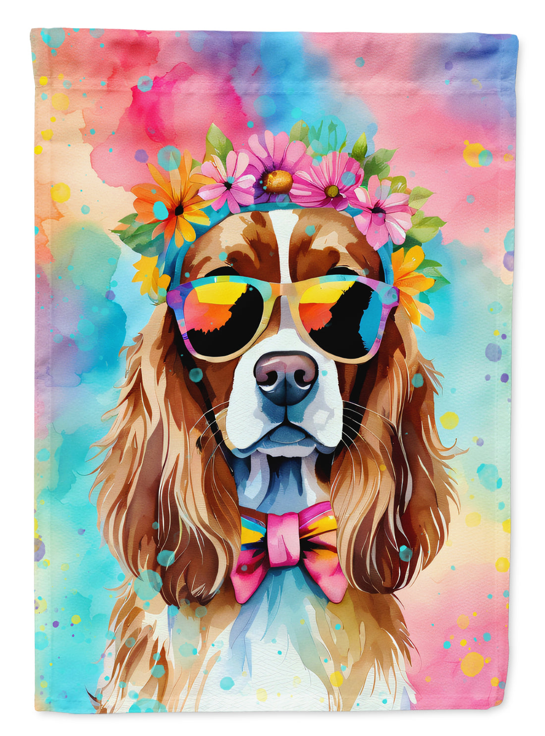 Cavalier Spaniel Hippie Dawg House Flag 28x40 Porch Sleeve Pole Decorative Outside Yard Banner Artwork Wall Hanging, Polyester