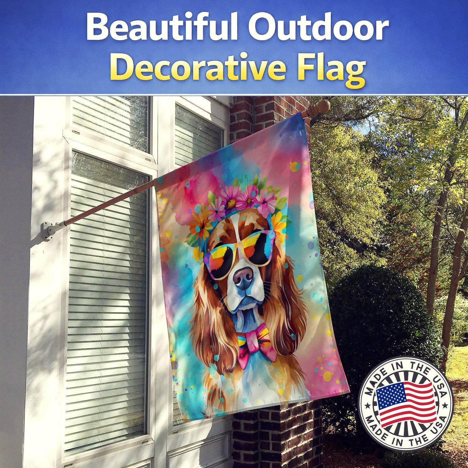 Cavalier Spaniel Hippie Dawg House Flag 28x40 Porch Sleeve Pole Decorative Outside Yard Banner Artwork Wall Hanging, Polyester