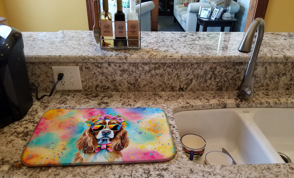 Cavalier Spaniel Hippie Dawg Dish Drying Mat Absorbent Dish Drying Mat Pad for Kitchen Counter Dish Drainer Mat for Countertop, 14 x 21", Multicolor