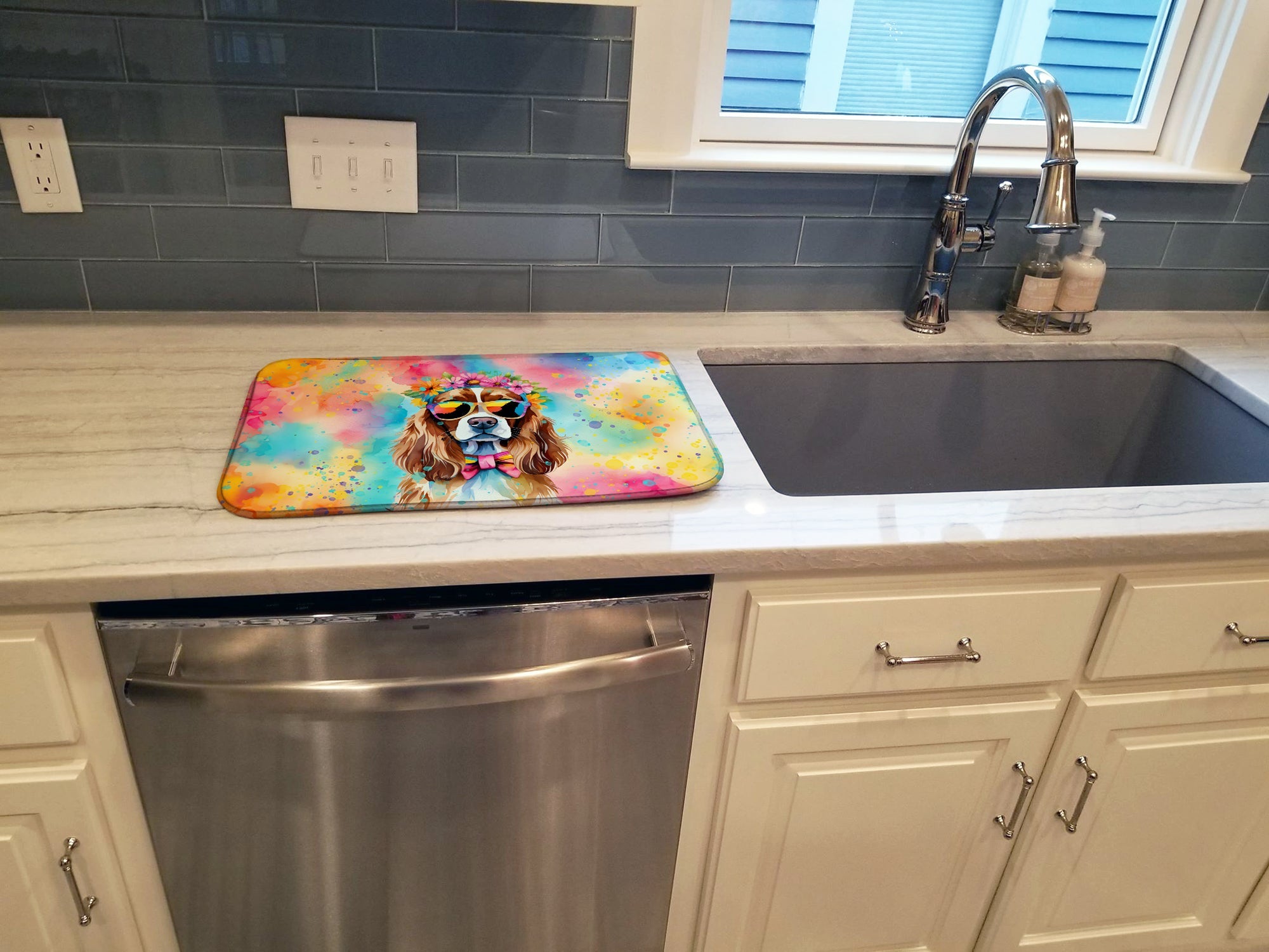 Cavalier Spaniel Hippie Dawg Dish Drying Mat Absorbent Dish Drying Mat Pad for Kitchen Counter Dish Drainer Mat for Countertop, 14 x 21", Multicolor