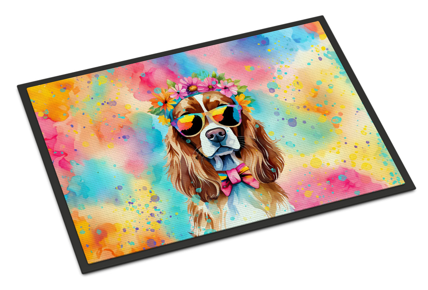 Cavalier Spaniel Hippie Dawg Doormat Indoor Outdoor 24H X 36W Front Door Mat Rugs for Entryway, Non Slip Washable Low Pile,