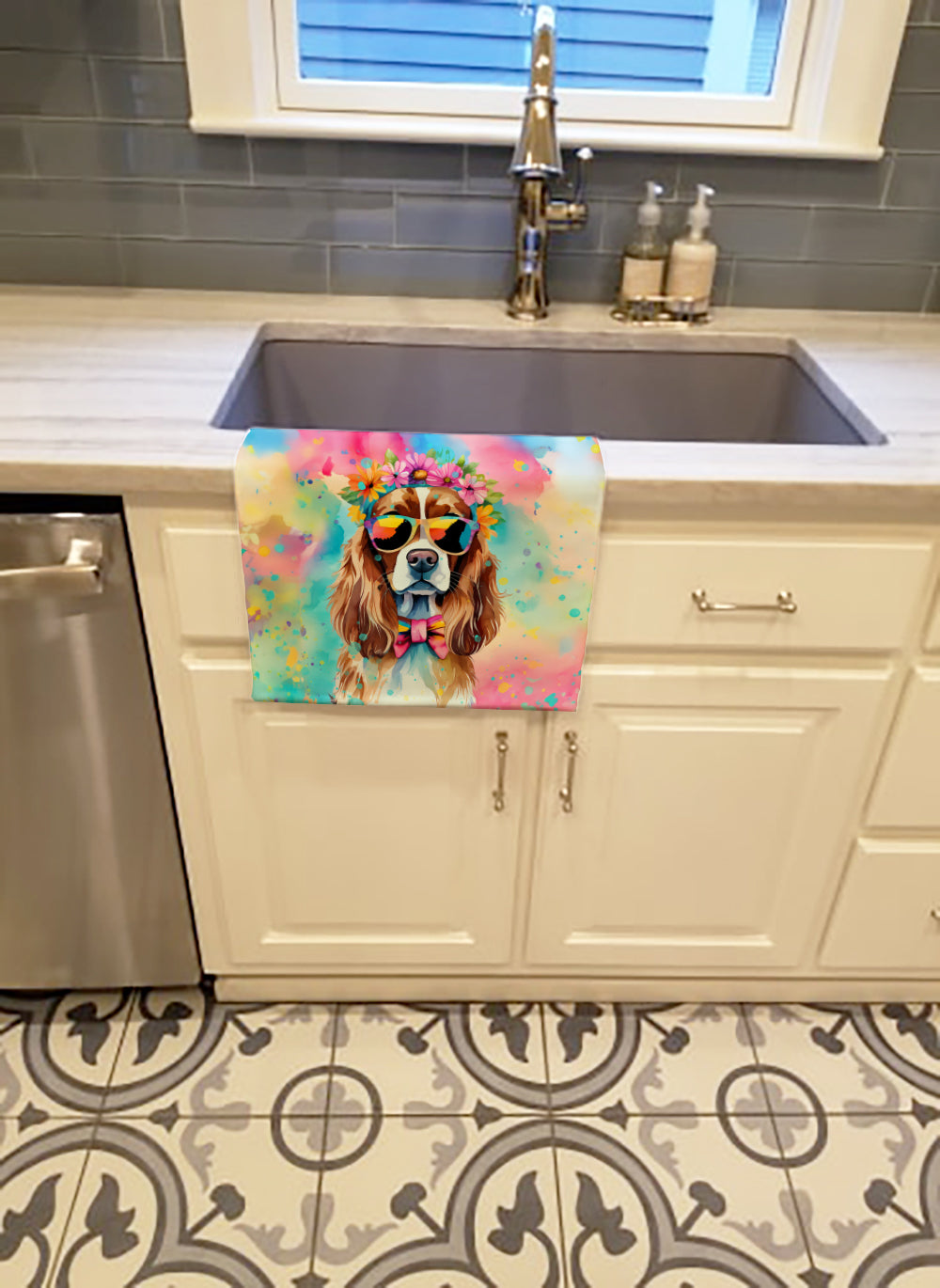 Cavalier Spaniel Hippie Dawg Kitchen Towel Velour Plush Front and Cotton Loop Back Machine Washable