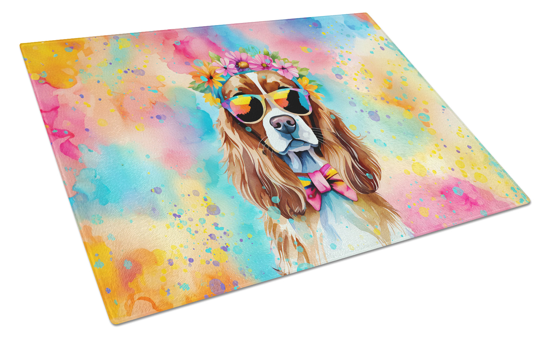Cavalier Spaniel Hippie Dawg Cutting Board Tempered Glass Kitchen Cutting Surface, Heat Resistant Chopping, Non-Slip Feet, Food Prep & Serving
