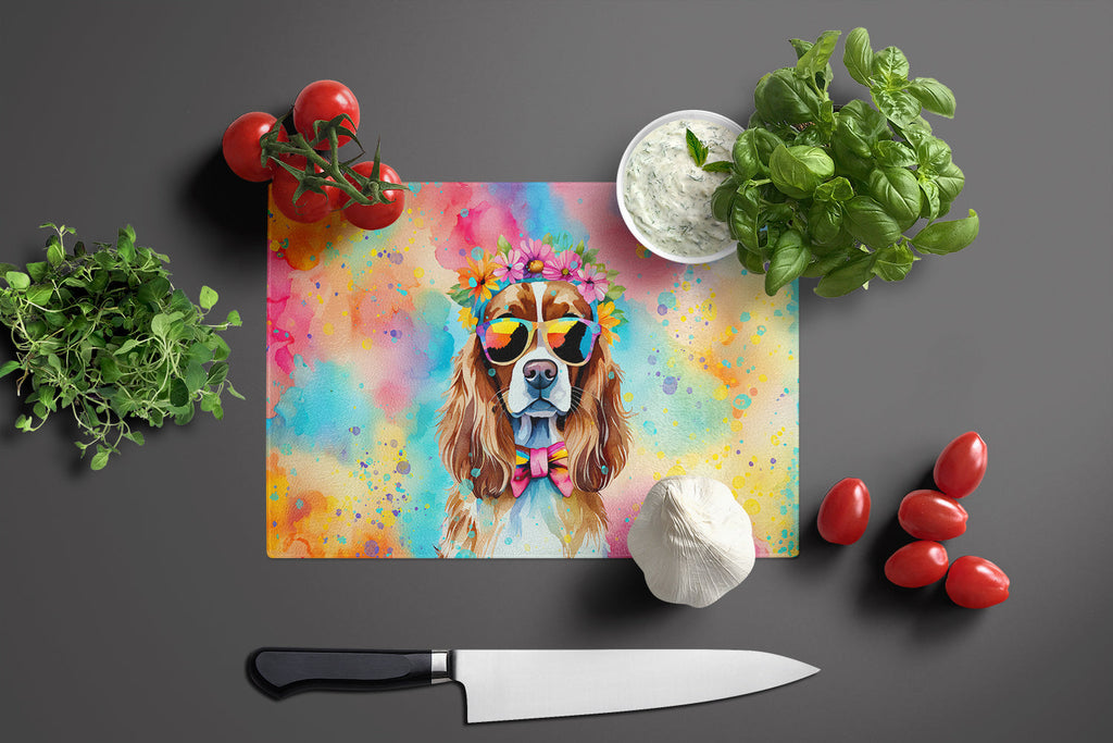 Cavalier Spaniel Hippie Dawg Cutting Board Tempered Glass Kitchen Cutting Surface, Heat Resistant Chopping, Non-Slip Feet, Food Prep & Serving