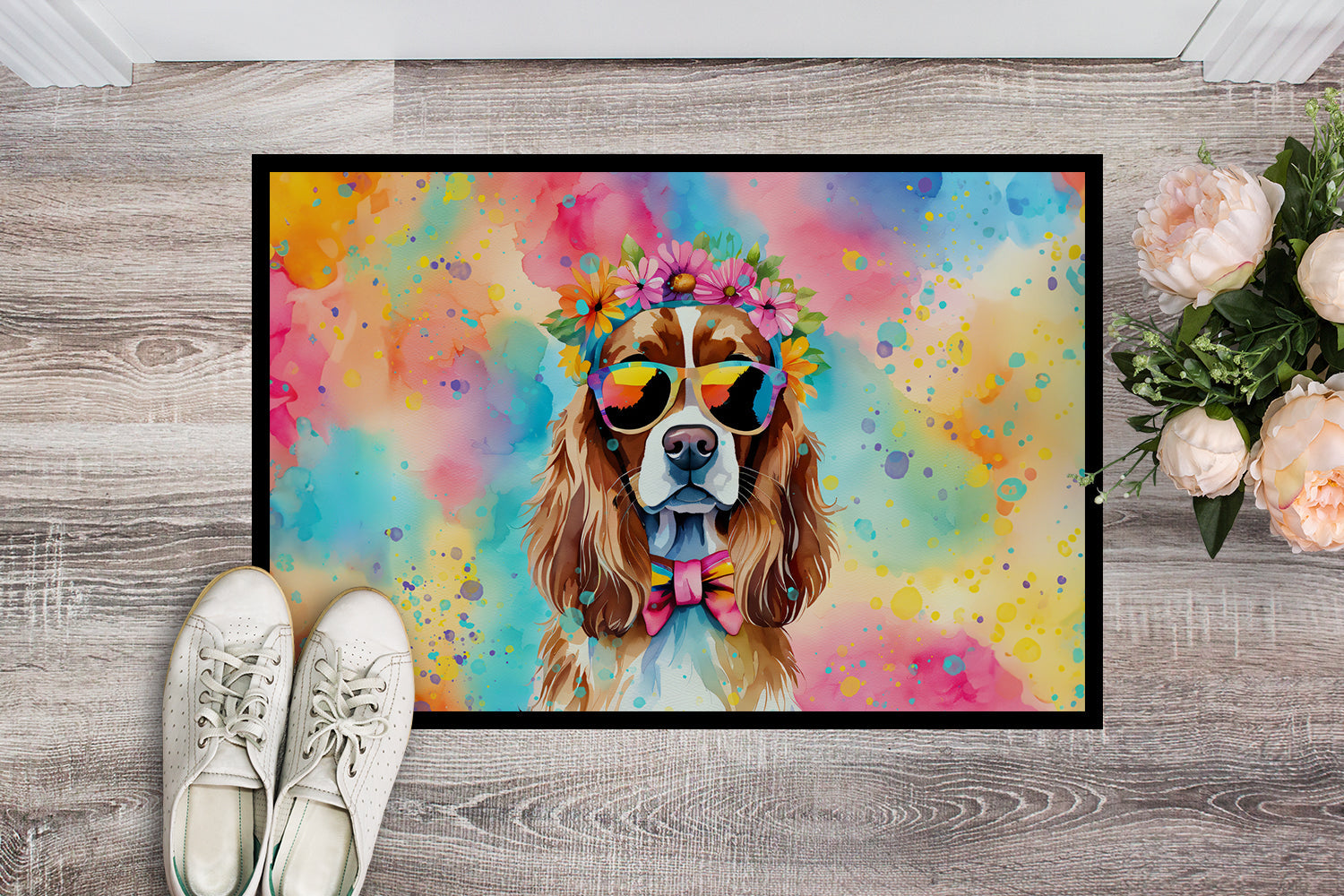 Cavalier Spaniel Hippie Dawg Doormat Indoor Outdoor 18H X 27W Front Door Mat Rugs for Entryway, Non Slip Washable