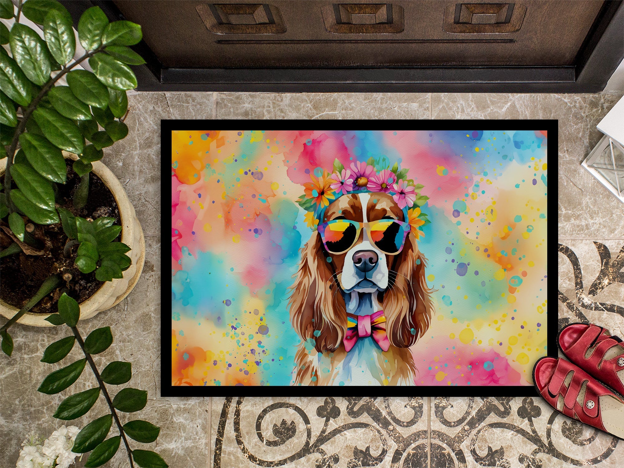 Cavalier Spaniel Hippie Dawg Doormat Indoor Outdoor 18H X 27W Front Door Mat Rugs for Entryway, Non Slip Washable