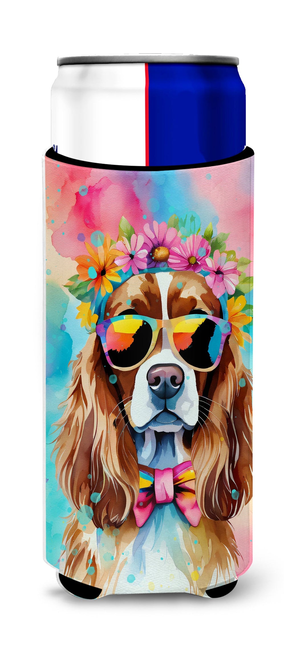Cavalier Spaniel Hippie Dawg Slim Can Hugger , Insulated Foam Hugger for 12 oz Slim Cans, Beer Bottles & Water Bottles, Printed in USA