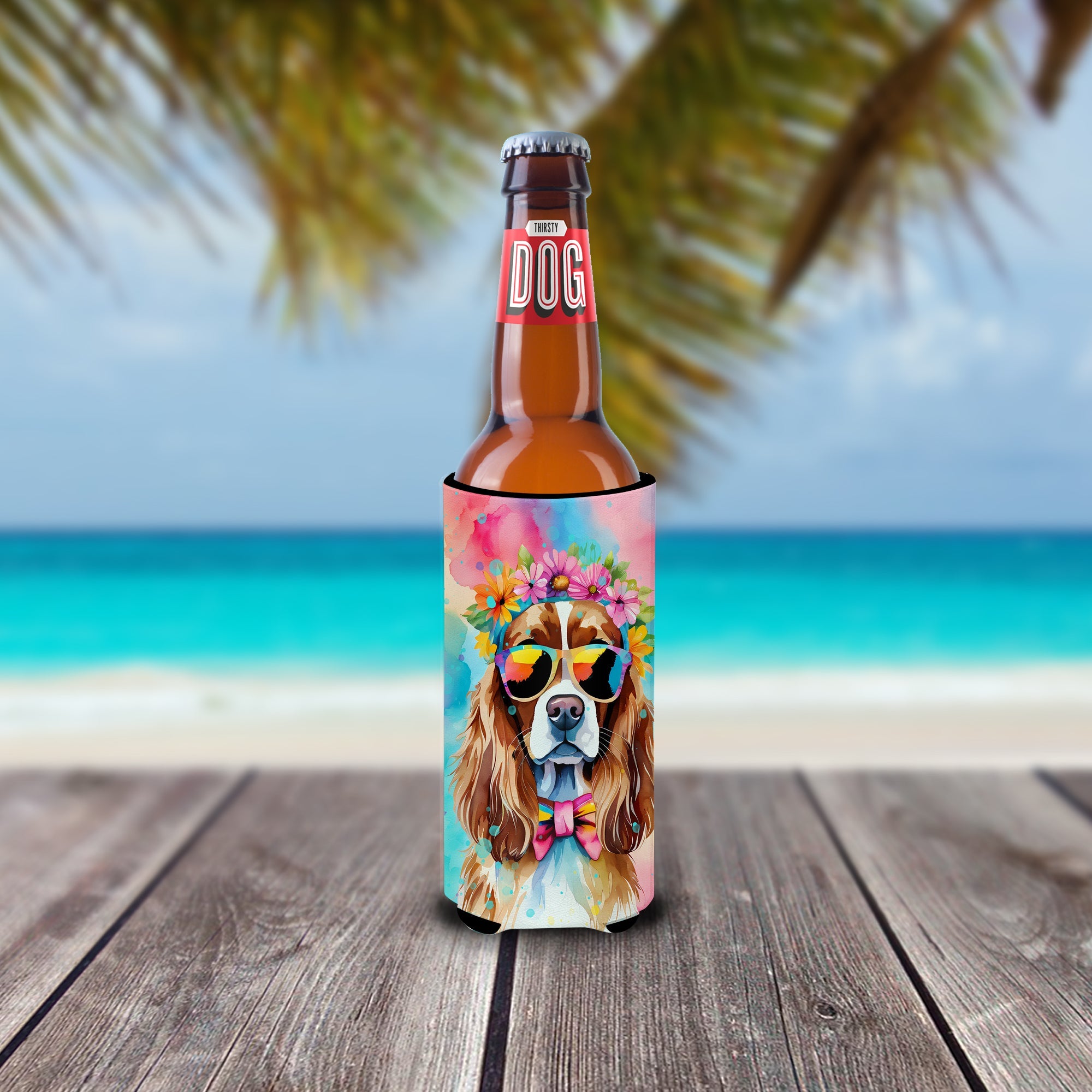 Cavalier Spaniel Hippie Dawg Slim Can Hugger , Insulated Foam Hugger for 12 oz Slim Cans, Beer Bottles & Water Bottles, Printed in USA