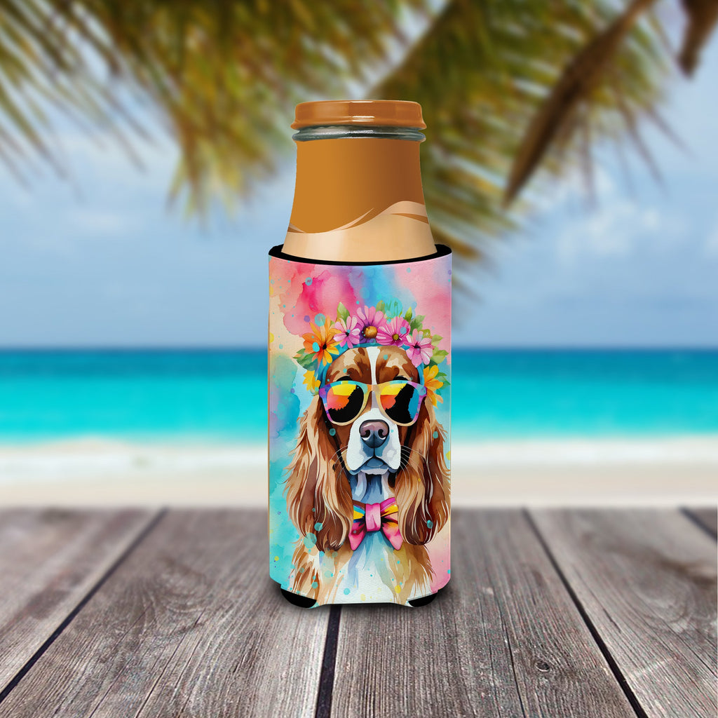 Cavalier Spaniel Hippie Dawg Slim Can Hugger , Insulated Foam Hugger for 12 oz Slim Cans, Beer Bottles & Water Bottles, Printed in USA