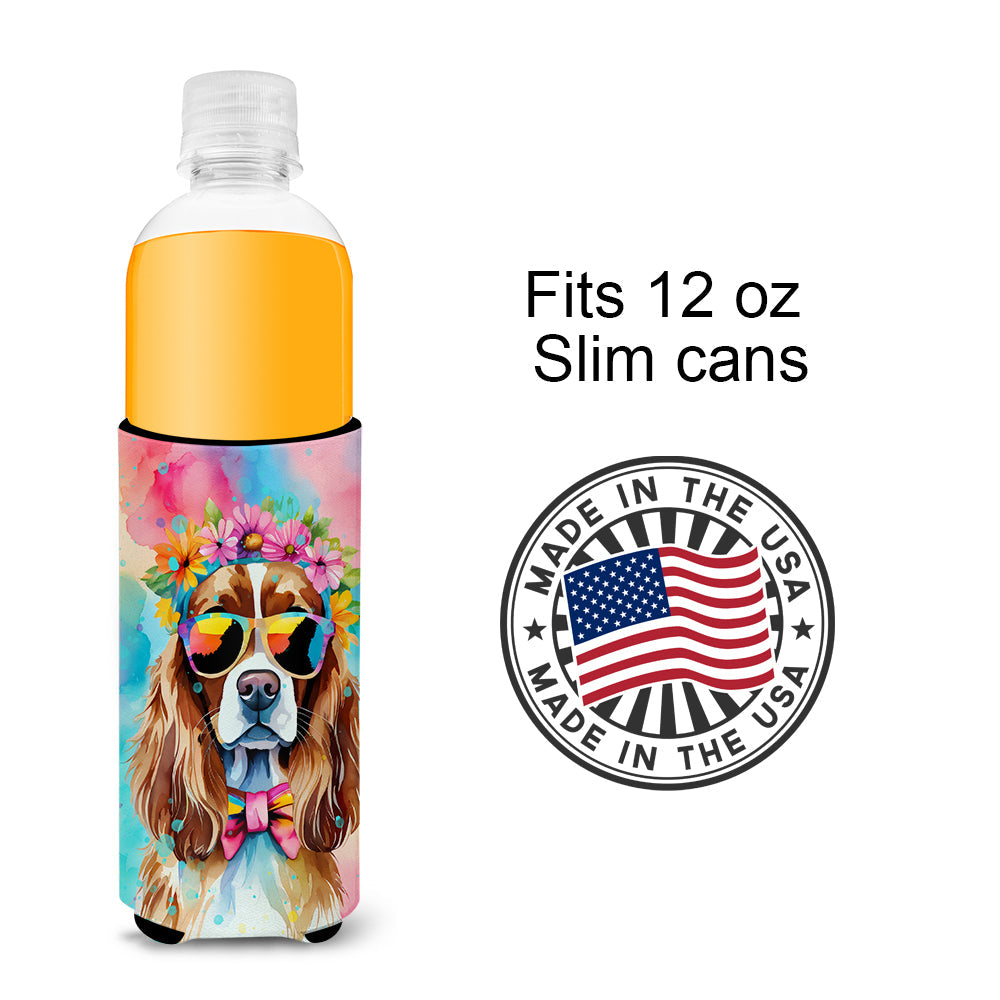 Cavalier Spaniel Hippie Dawg Slim Can Hugger , Insulated Foam Hugger for 12 oz Slim Cans, Beer Bottles & Water Bottles, Printed in USA