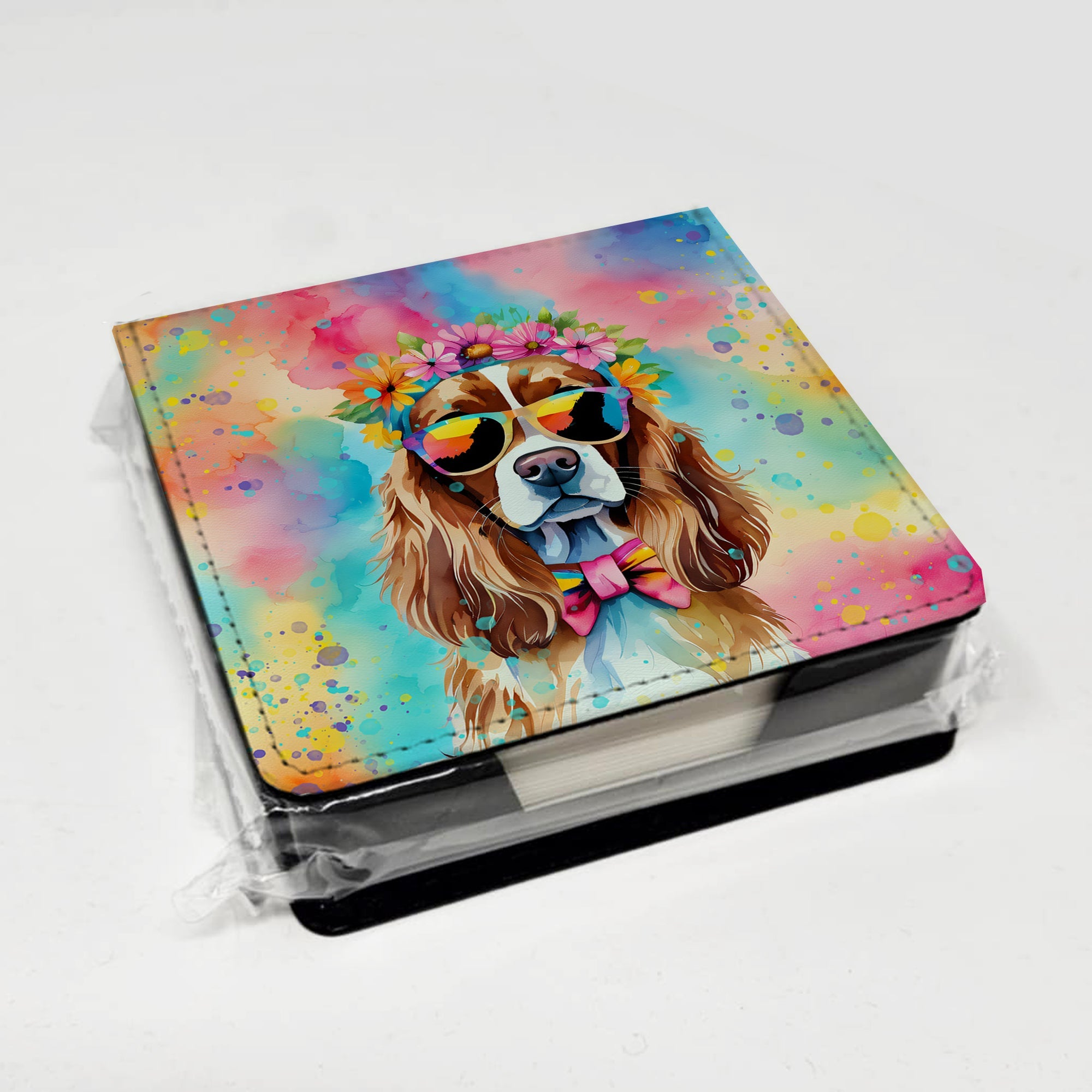 Cavalier Spaniel Hippie Dawg PU Leather Note Paper Holder with Artist-Designed Cover, Desk Accessory, Office Gift
