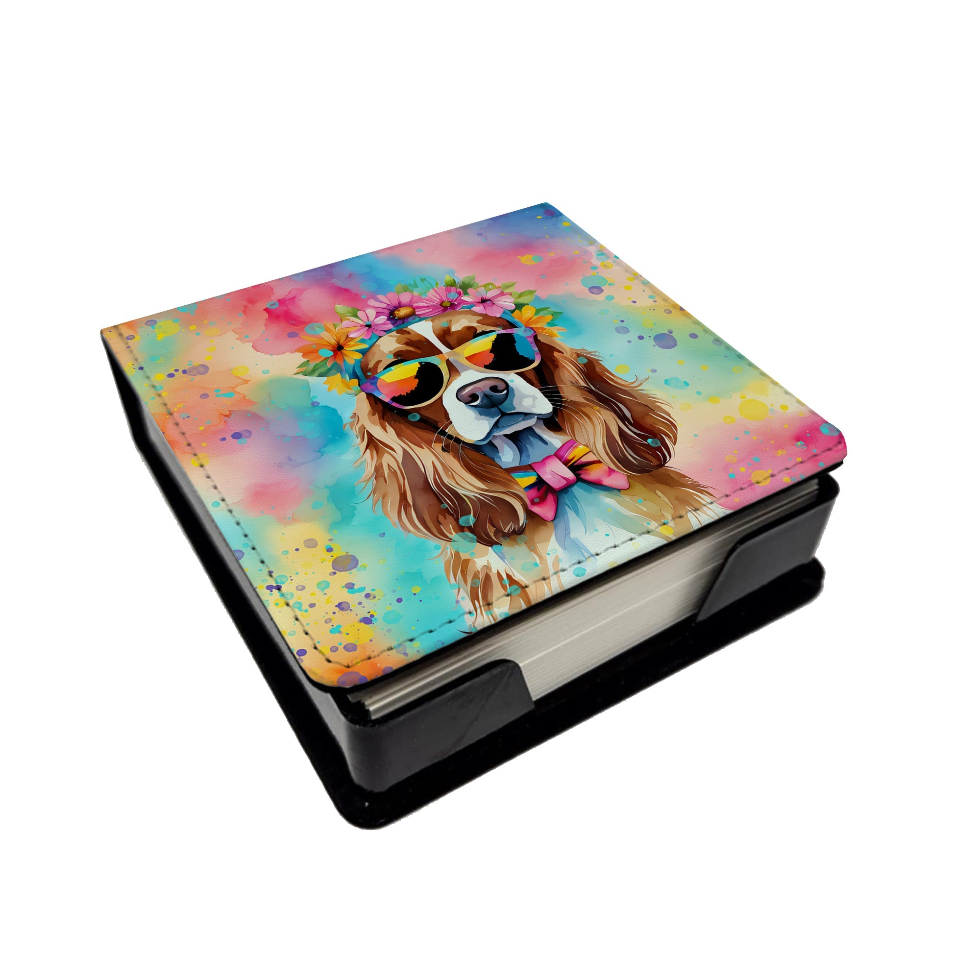 Cavalier Spaniel Hippie Dawg PU Leather Note Paper Holder with Artist-Designed Cover, Desk Accessory, Office Gift