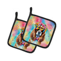 Cavalier Spaniel Hippie Dawg Pot Holder Set of 2 Heat Resistant Quilted Hot Pads 7.5 x 7.5 Inch, Insulated Kitchen Trivets for Cooking & Baking