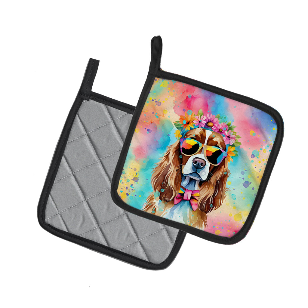 Cavalier Spaniel Hippie Dawg Pot Holder Set of 2 Heat Resistant Quilted Hot Pads 7.5 x 7.5 Inch, Insulated Kitchen Trivets for Cooking & Baking