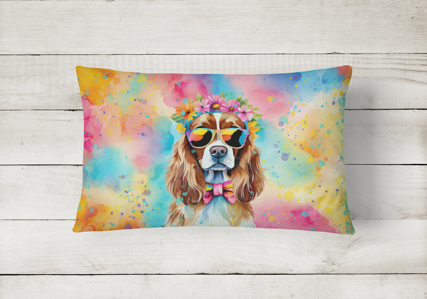 Cavalier Spaniel Hippie Dawg Decorative Throw Pillow 12x16 Indoor Outdoor Accent Cushion, Fabric Cover with Insert for Sofa, Bed, Porch & Living Room