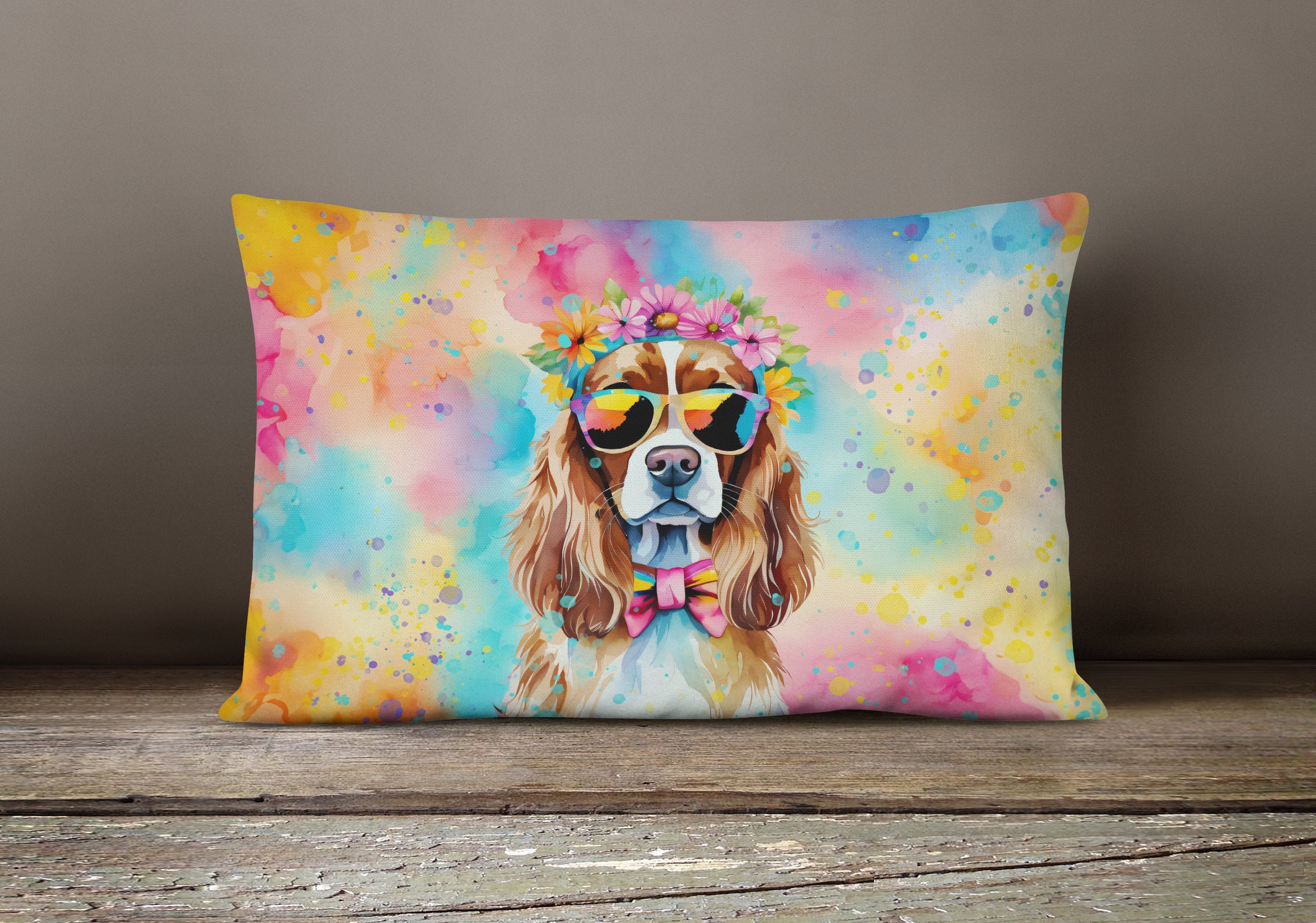 Cavalier Spaniel Hippie Dawg Decorative Throw Pillow 12x16 Indoor Outdoor Accent Cushion, Fabric Cover with Insert for Sofa, Bed, Porch & Living Room