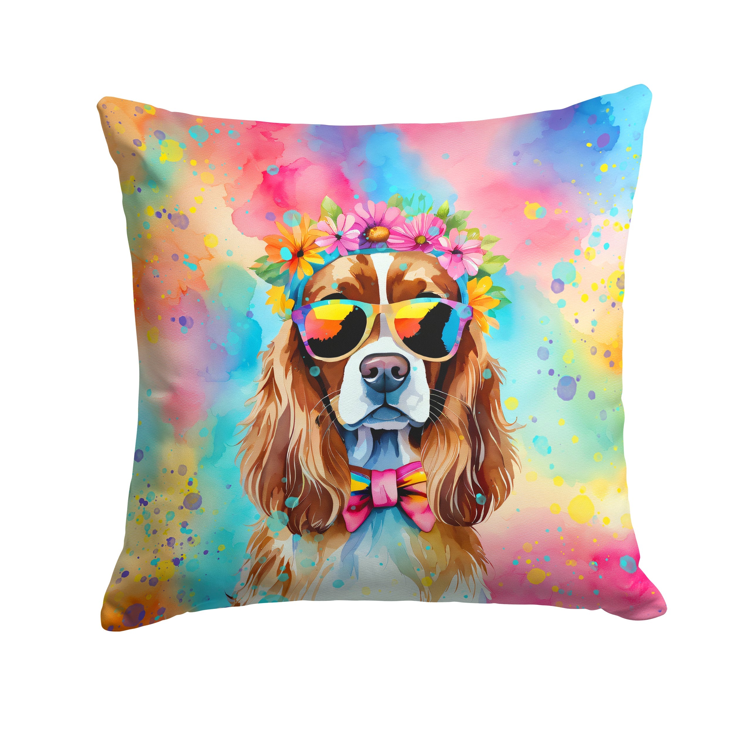 Cavalier Spaniel Hippie Dawg Decorative Throw Pillow 14x14 Indoor Outdoor Accent Cushion, Fabric Cover with Insert for Sofa, Bed, Porch & Living Room