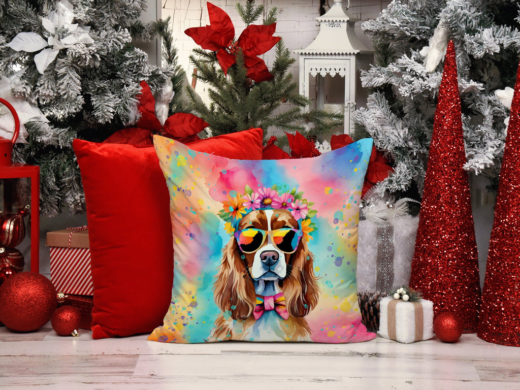 Cavalier Spaniel Hippie Dawg Decorative Throw Pillow 14x14 Indoor Outdoor Accent Cushion, Fabric Cover with Insert for Sofa, Bed, Porch & Living Room