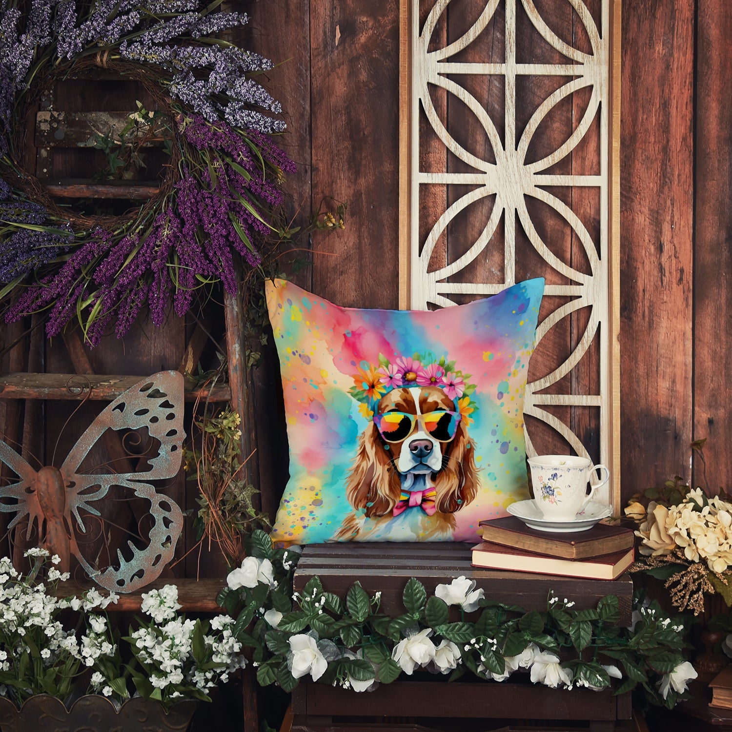 Cavalier Spaniel Hippie Dawg Decorative Throw Pillow 14x14 Indoor Outdoor Accent Cushion, Fabric Cover with Insert for Sofa, Bed, Porch & Living Room