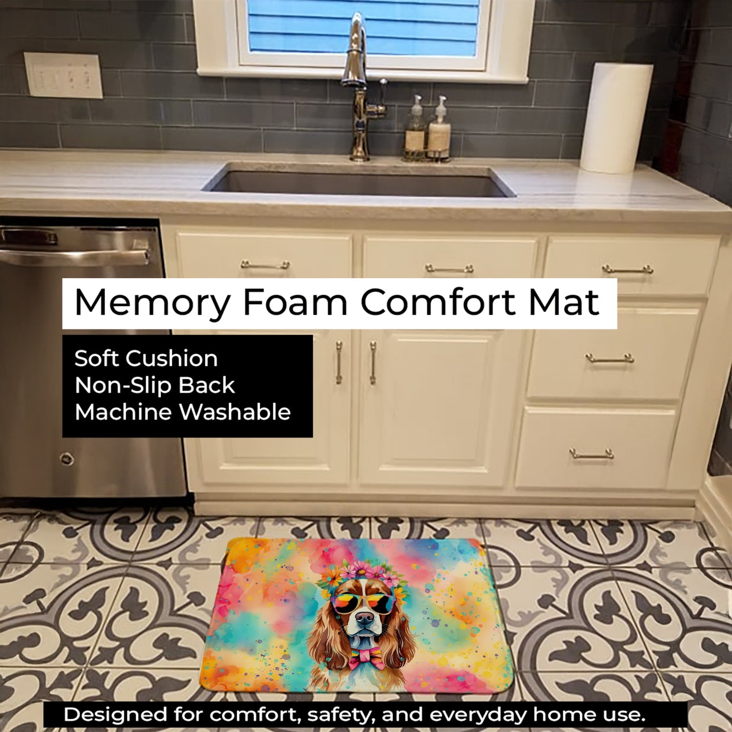 Cavalier Spaniel Hippie Dawg Memory Foam Kitchen Mat Machine Washable Anti-Fatigue Cushion Comfort Bath or Kitchen Rug