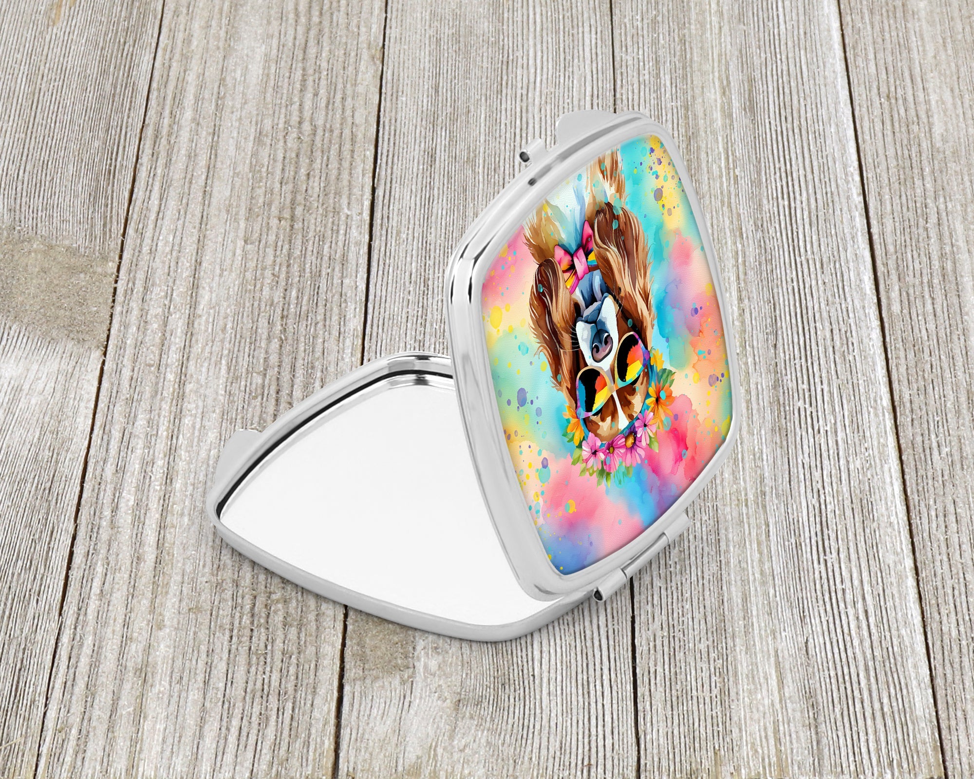 Cavalier Spaniel Hippie Dawg Compact Mirror Decorative Travel Makeup Mirror for Women Girls Gifts Pocket Makeup Mirror Folding Handheld