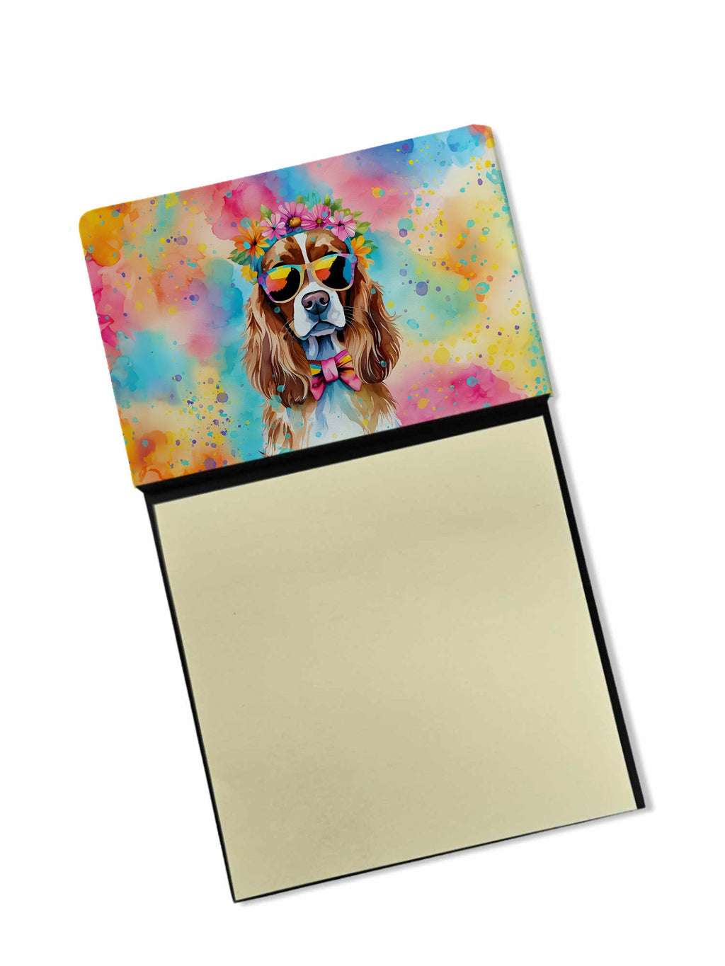 Cavalier Spaniel Hippie Dawg Watercolor Sticky Note Holder Refillable Dispenser Desk Accessory 3x3 Pad Gift
