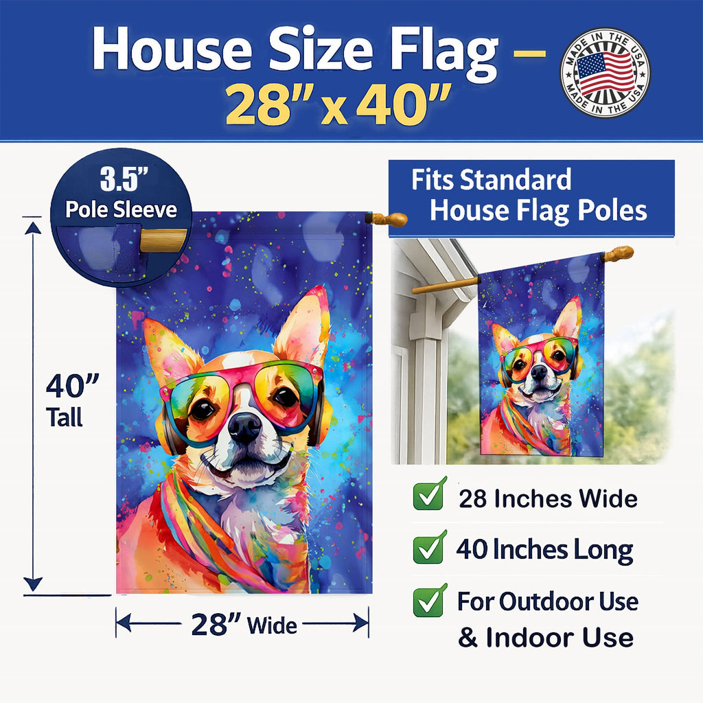 Chihuahua Hippie Dawg House Flag 28x40 Porch Sleeve Pole Decorative Outside Yard Banner Artwork Wall Hanging, Polyester