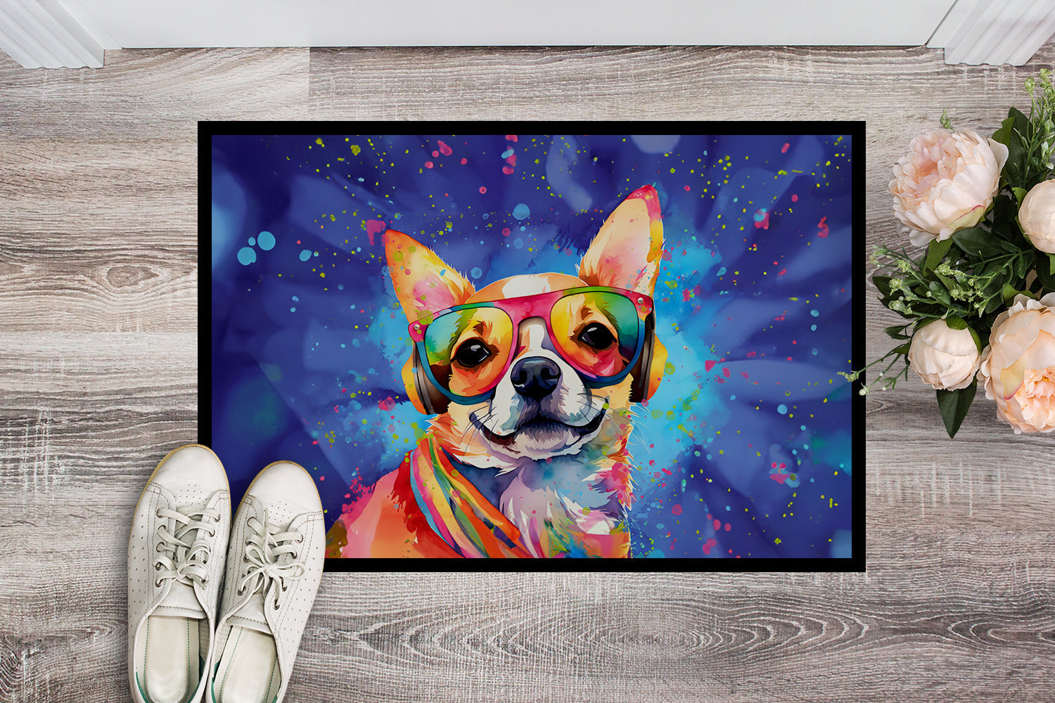 Chihuahua Hippie Dawg Doormat Indoor Outdoor 24H X 36W Front Door Mat Rugs for Entryway, Non Slip Washable Low Pile,