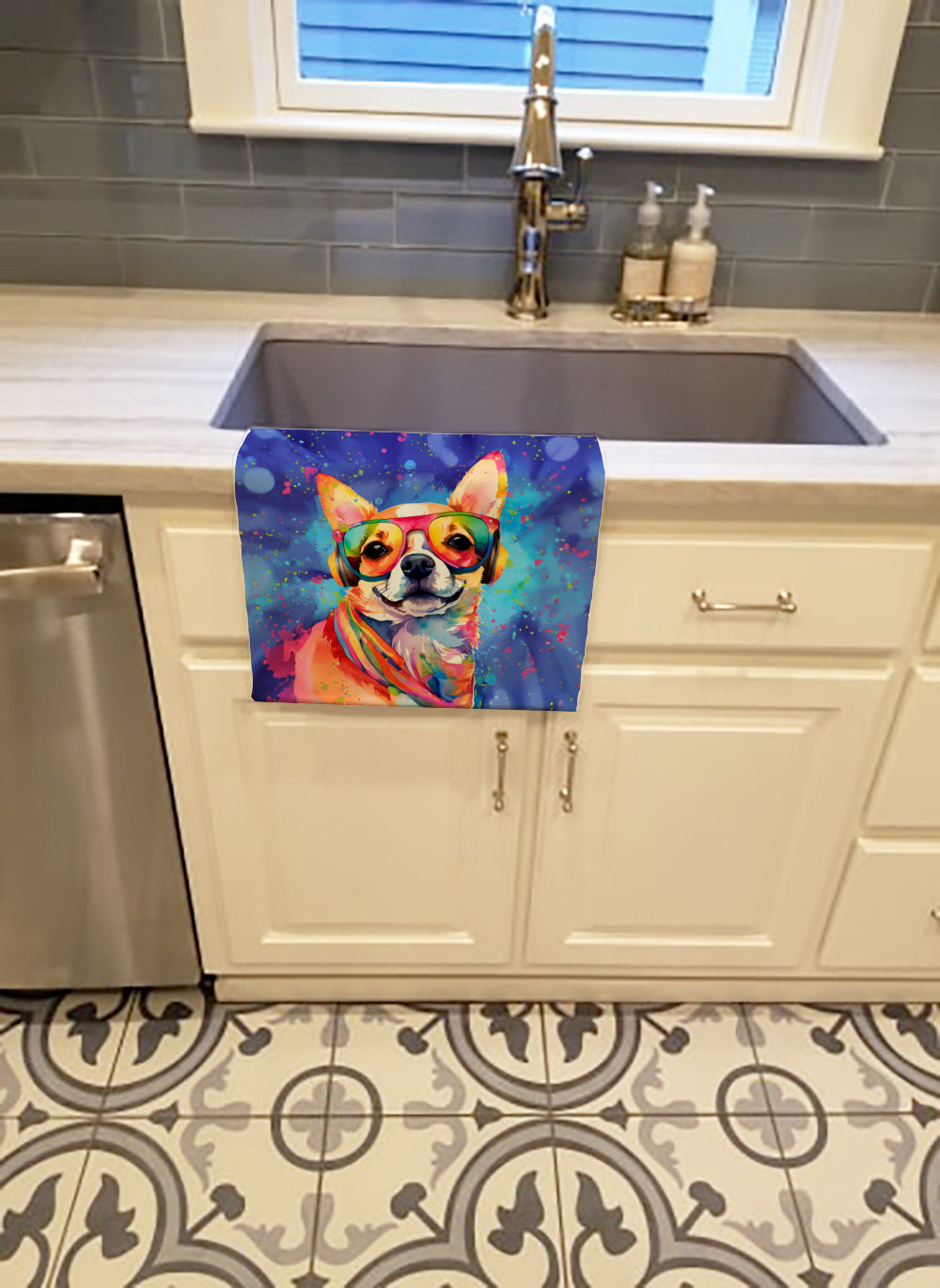 Chihuahua Hippie Dawg Kitchen Towel Velour Plush Front and Cotton Loop Back Machine Washable