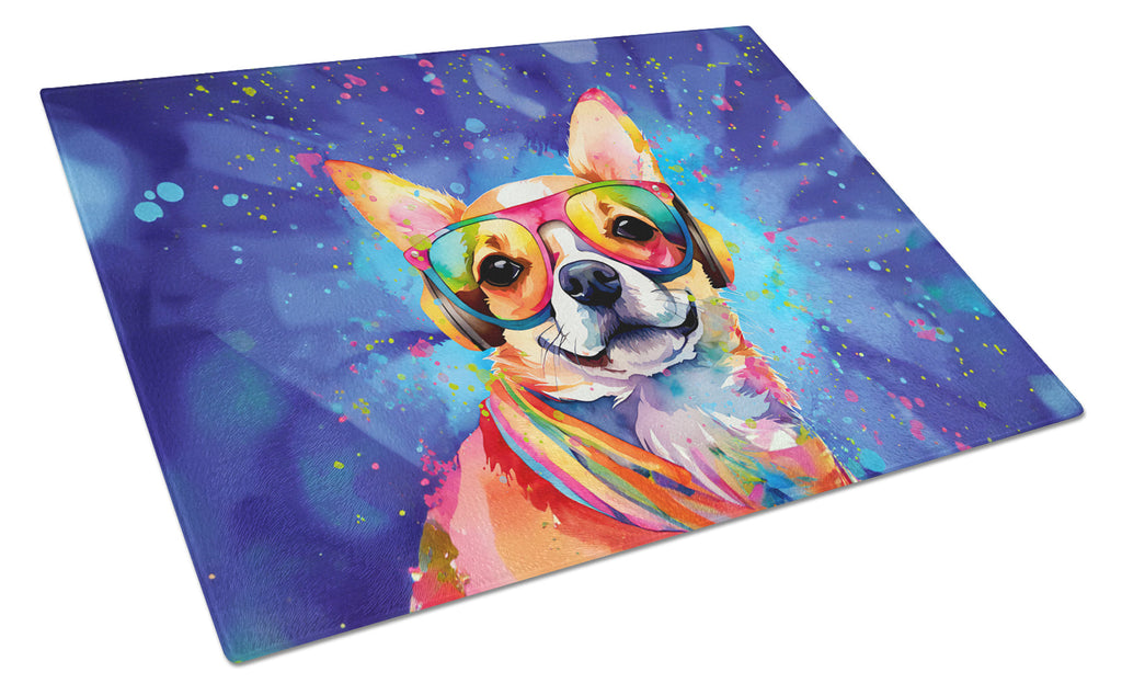Chihuahua Hippie Dawg Cutting Board Tempered Glass Kitchen Cutting Surface, Heat Resistant Chopping, Non-Slip Feet, Food Prep & Serving