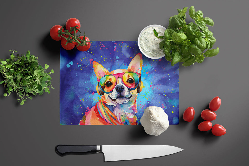 Chihuahua Hippie Dawg Cutting Board Tempered Glass Kitchen Cutting Surface, Heat Resistant Chopping, Non-Slip Feet, Food Prep & Serving