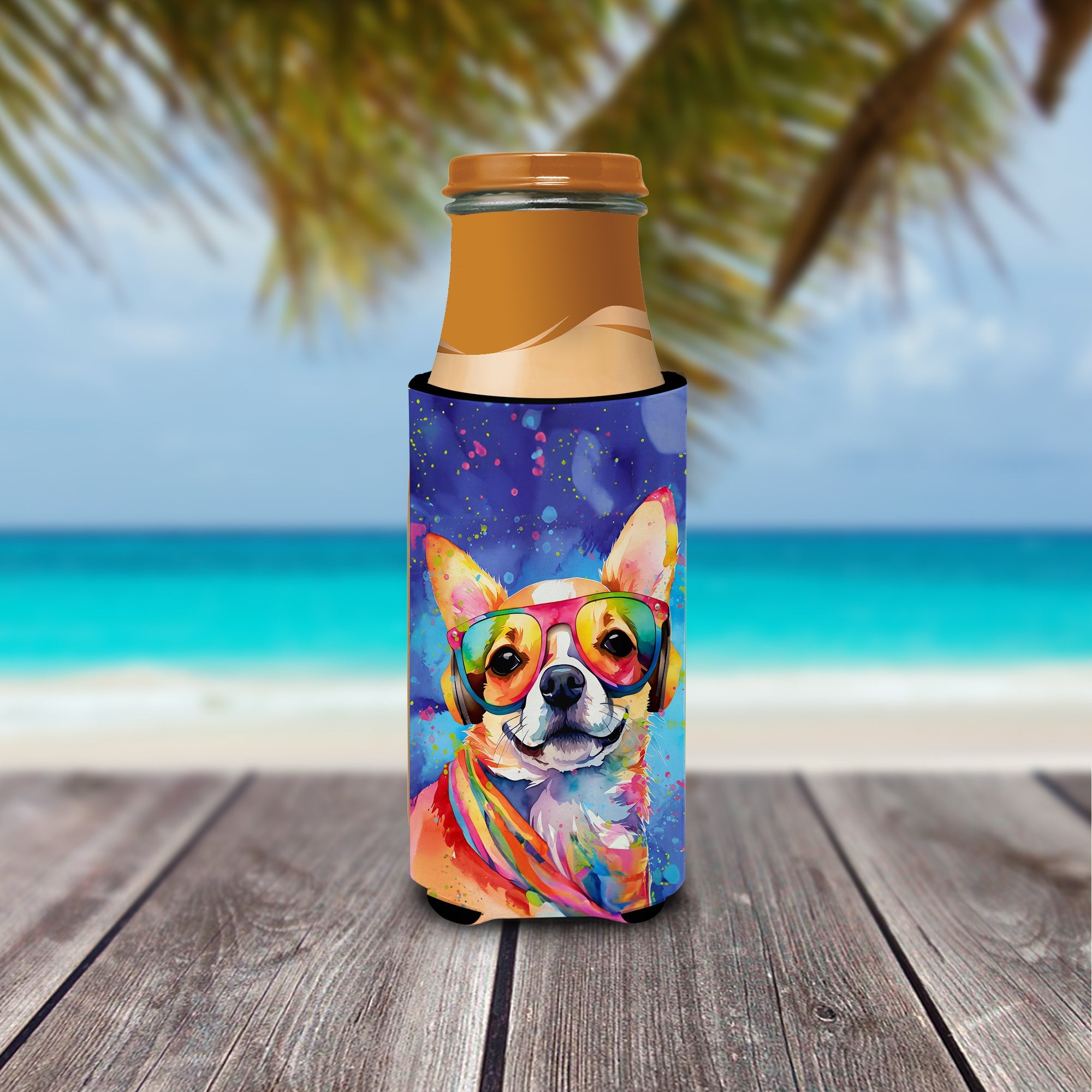Chihuahua Hippie Dawg Slim Can Hugger , Insulated Foam Hugger for 12 oz Slim Cans, Beer Bottles & Water Bottles, Printed in USA