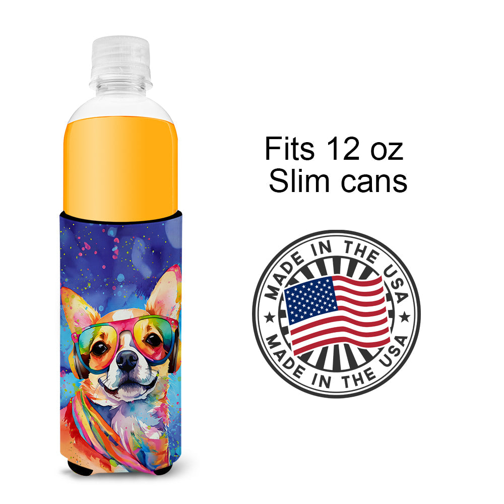 Chihuahua Hippie Dawg Slim Can Hugger , Insulated Foam Hugger for 12 oz Slim Cans, Beer Bottles & Water Bottles, Printed in USA