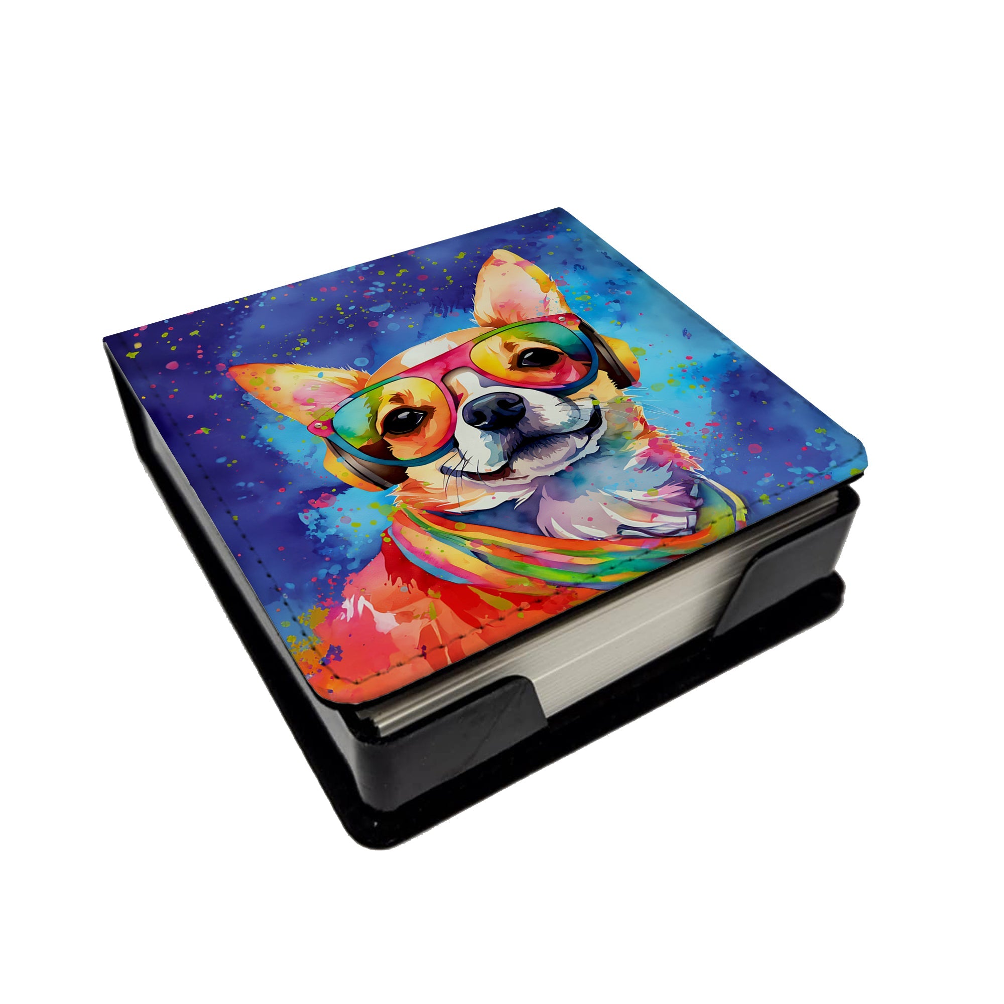Chihuahua Hippie Dawg PU Leather Note Paper Holder with Artist-Designed Cover, Desk Accessory, Office Gift