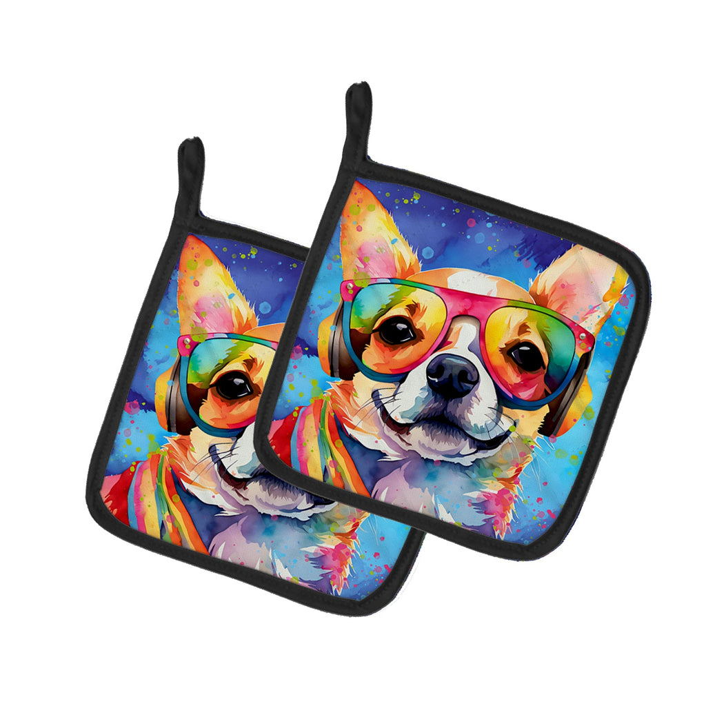 Chihuahua Hippie Dawg Pot Holder Set of 2 Heat Resistant Quilted Hot Pads 7.5 x 7.5 Inch, Insulated Kitchen Trivets for Cooking & Baking