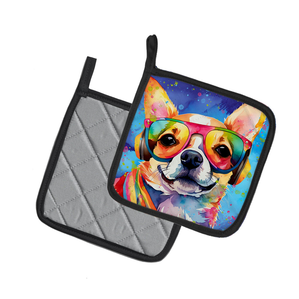 Chihuahua Hippie Dawg Pot Holder Set of 2 Heat Resistant Quilted Hot Pads 7.5 x 7.5 Inch, Insulated Kitchen Trivets for Cooking & Baking
