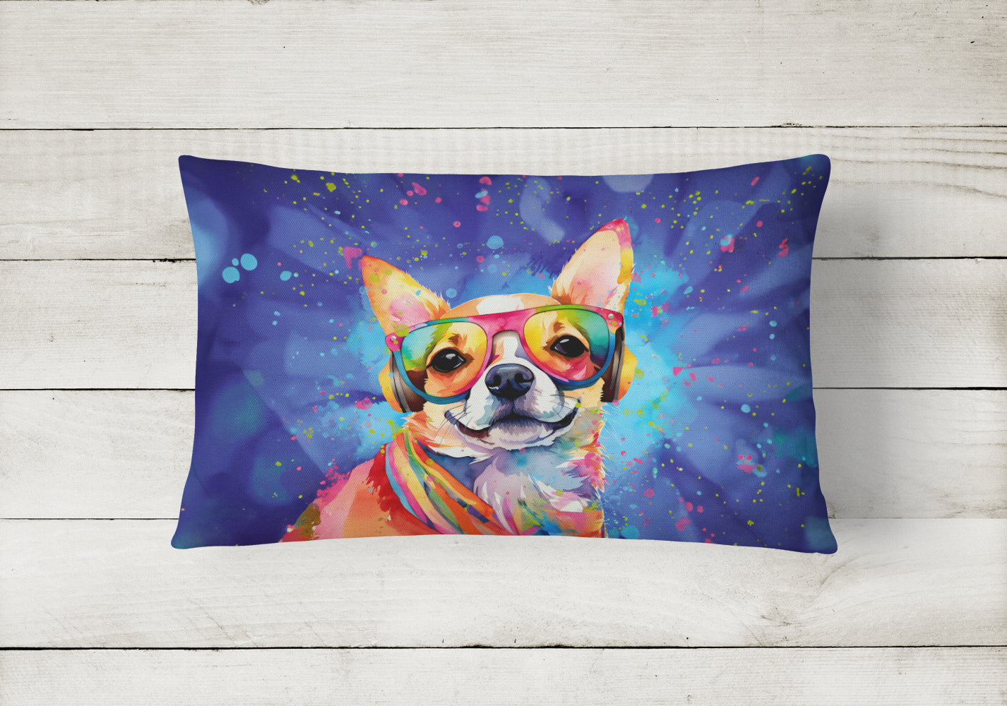 Chihuahua Hippie Dawg Decorative Throw Pillow 12x16 Indoor Outdoor Accent Cushion, Fabric Cover with Insert for Sofa, Bed, Porch & Living Room