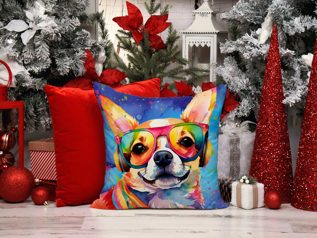 Chihuahua Hippie Dawg Decorative Throw Pillow 14x14 Indoor Outdoor Accent Cushion, Fabric Cover with Insert for Sofa, Bed, Porch & Living Room