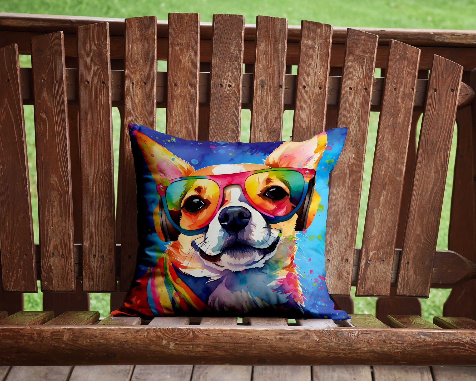 Chihuahua Hippie Dawg Decorative Throw Pillow 14x14 Indoor Outdoor Accent Cushion, Fabric Cover with Insert for Sofa, Bed, Porch & Living Room