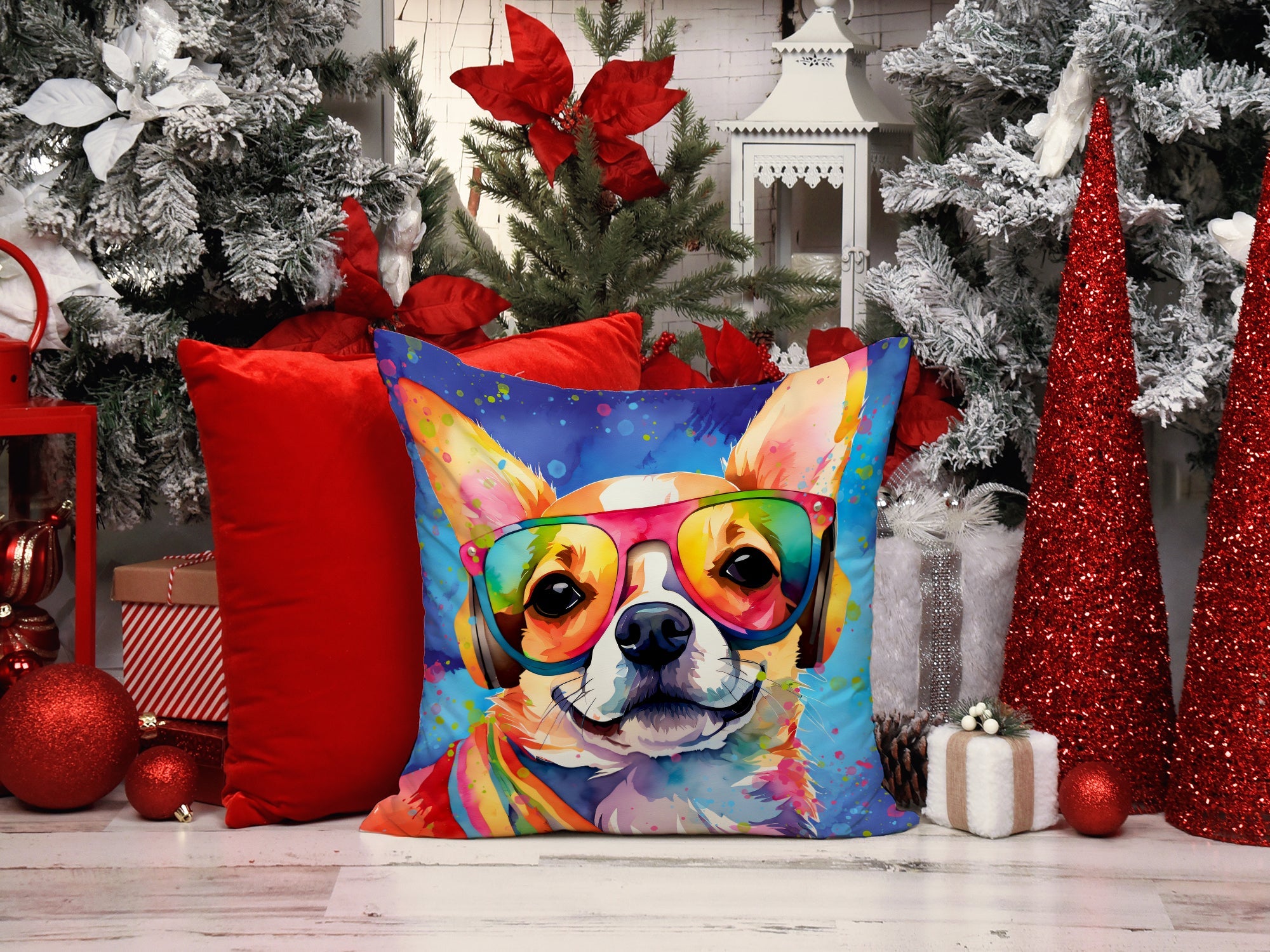 Chihuahua Hippie Dawg Decorative Throw Pillow 18x18 Indoor Outdoor Accent Cushion, Fabric Cover with Insert for Sofa, Bed, Porch & Living Room