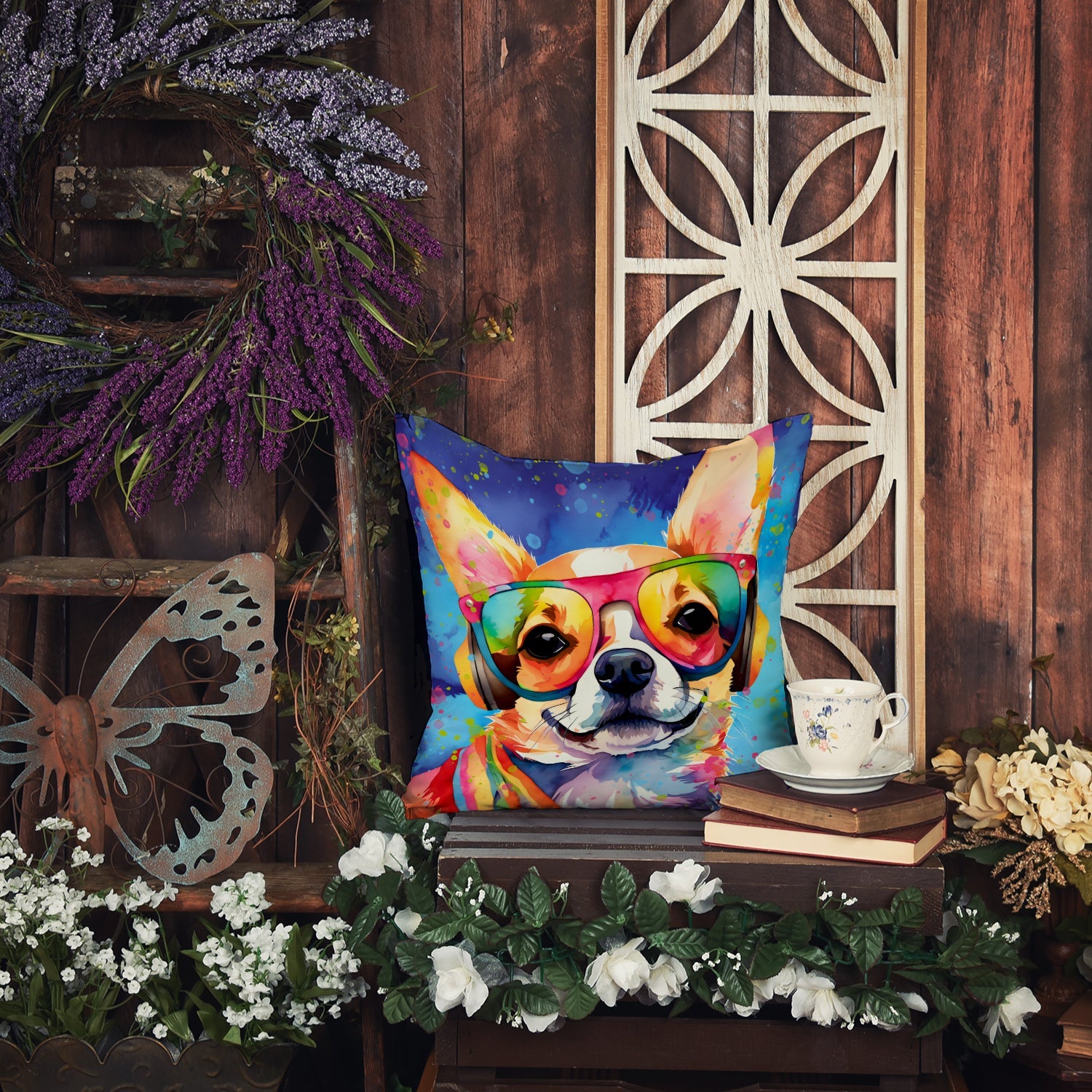 Chihuahua Hippie Dawg Decorative Throw Pillow 18x18 Indoor Outdoor Accent Cushion, Fabric Cover with Insert for Sofa, Bed, Porch & Living Room
