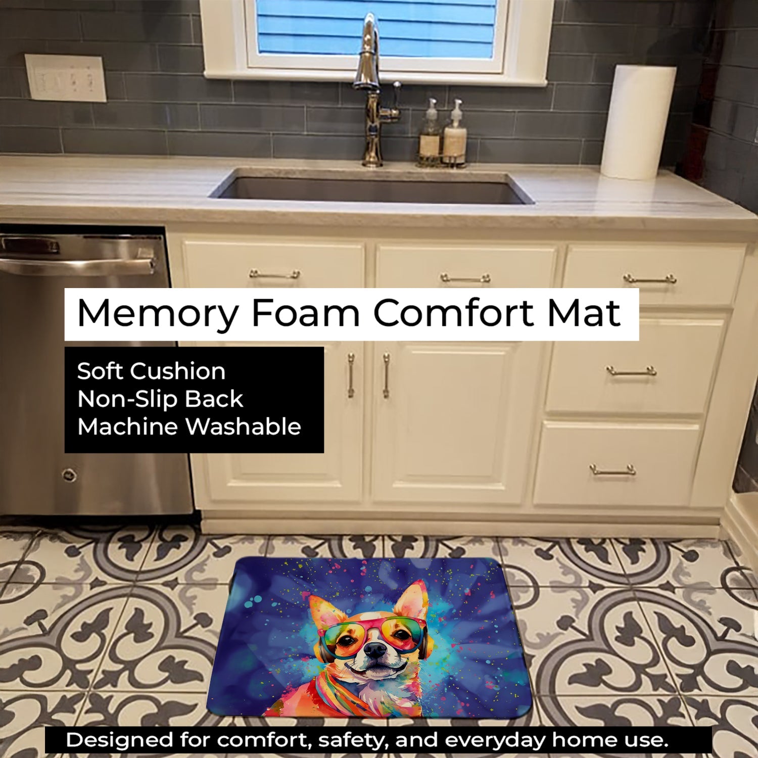 Chihuahua Hippie Dawg Memory Foam Kitchen Mat Machine Washable Anti-Fatigue Cushion Comfort Bath or Kitchen Rug