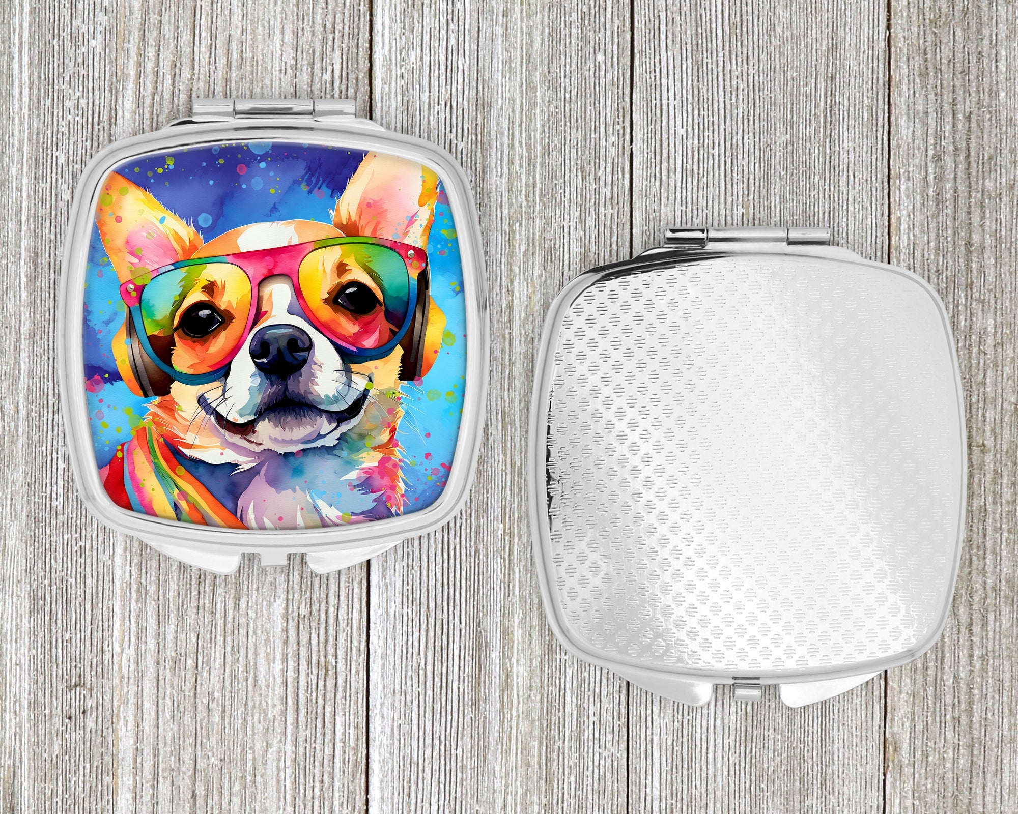 Chihuahua Hippie Dawg Compact Mirror Decorative Travel Makeup Mirror for Women Girls Gifts Pocket Makeup Mirror Folding Handheld