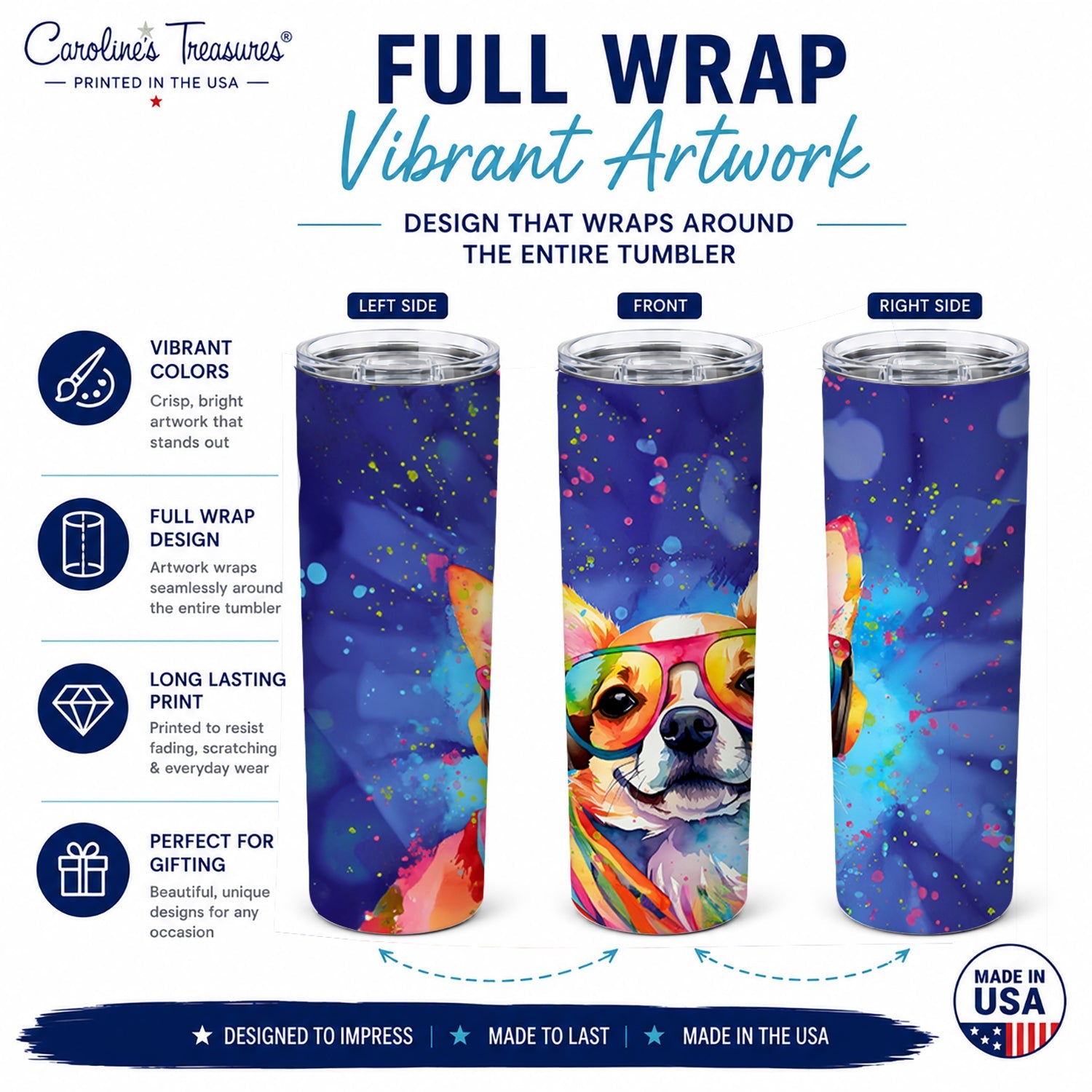Chihuahua Hippie Dawg Stainless Steel Skinny Tumbler 20 oz Vacuum Double Walled Reusable Insulated Travel Cup