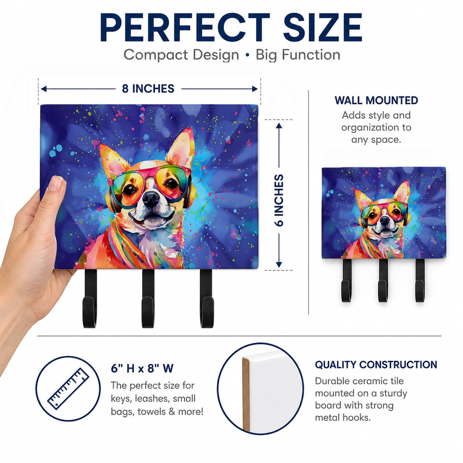 Chihuahua Hippie Dawg Leash or Key Holder Wall Hooks, Coat Rack Wall Mount, for Hanging Keys, Towels, Aprons, Leashes