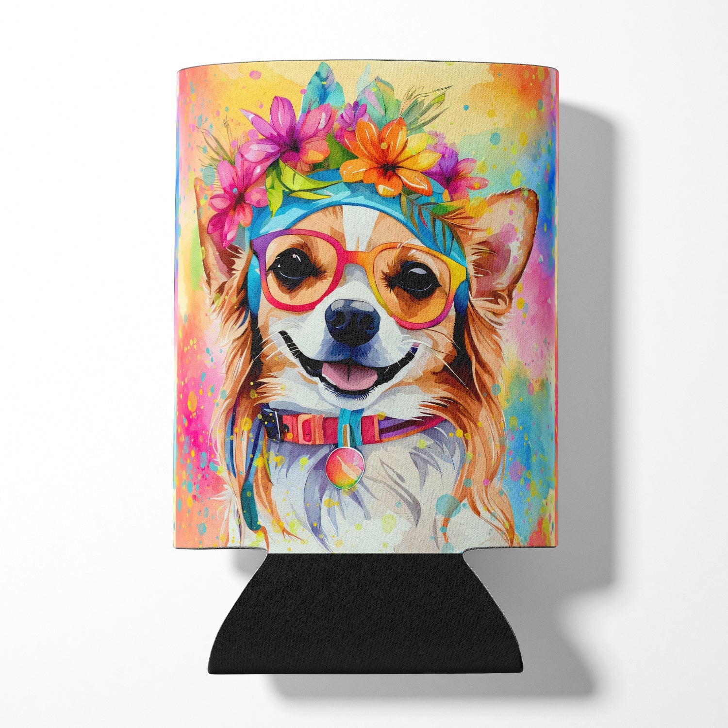 Chihuahua Hippie Dawg Can or Bottle Hugger Cooler Sleeve for Standard 12 oz Cans, Insulated Foam Beer & Soda Can Hugger Reusable