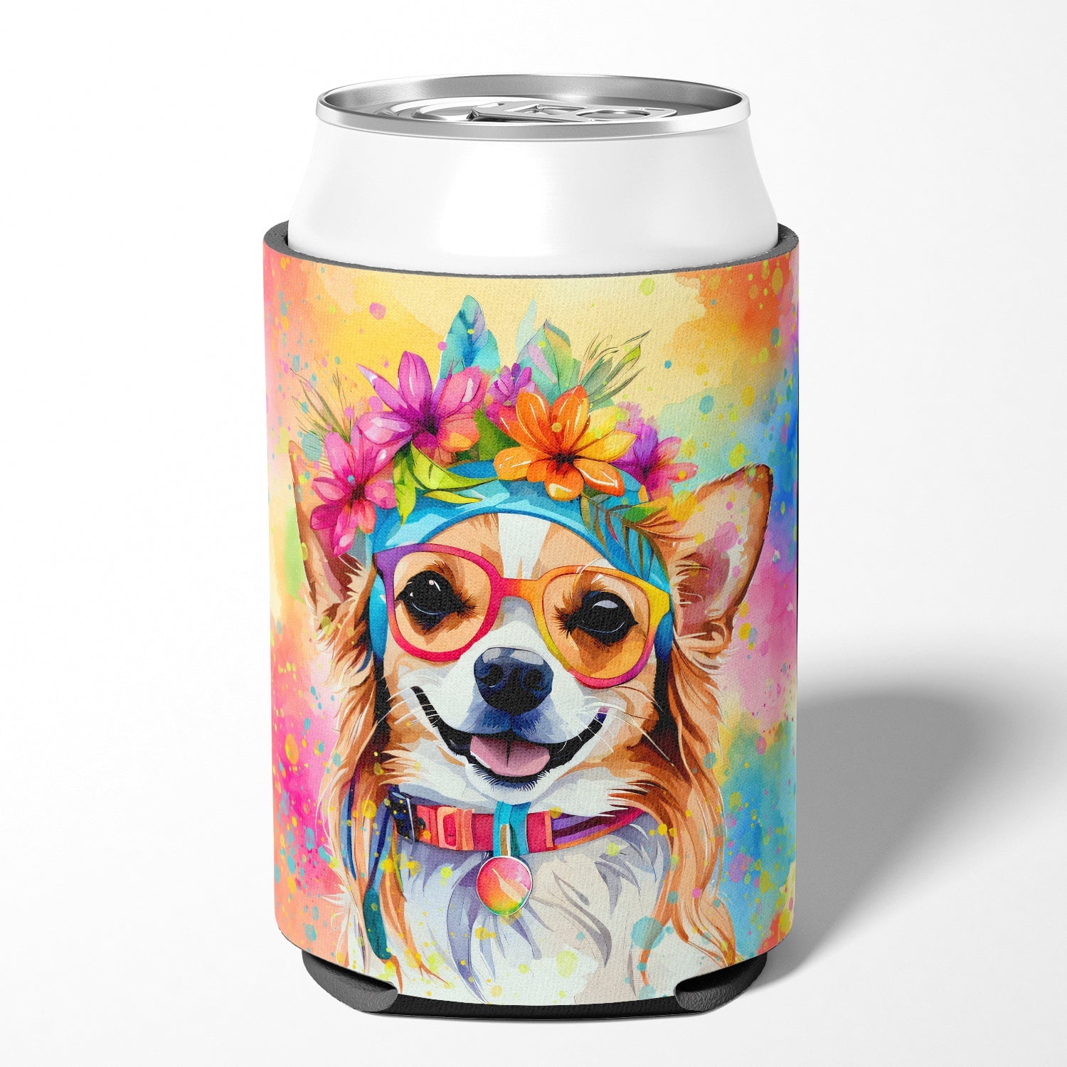 Chihuahua Hippie Dawg Can or Bottle Hugger Cooler Sleeve for Standard 12 oz Cans, Insulated Foam Beer & Soda Can Hugger Reusable