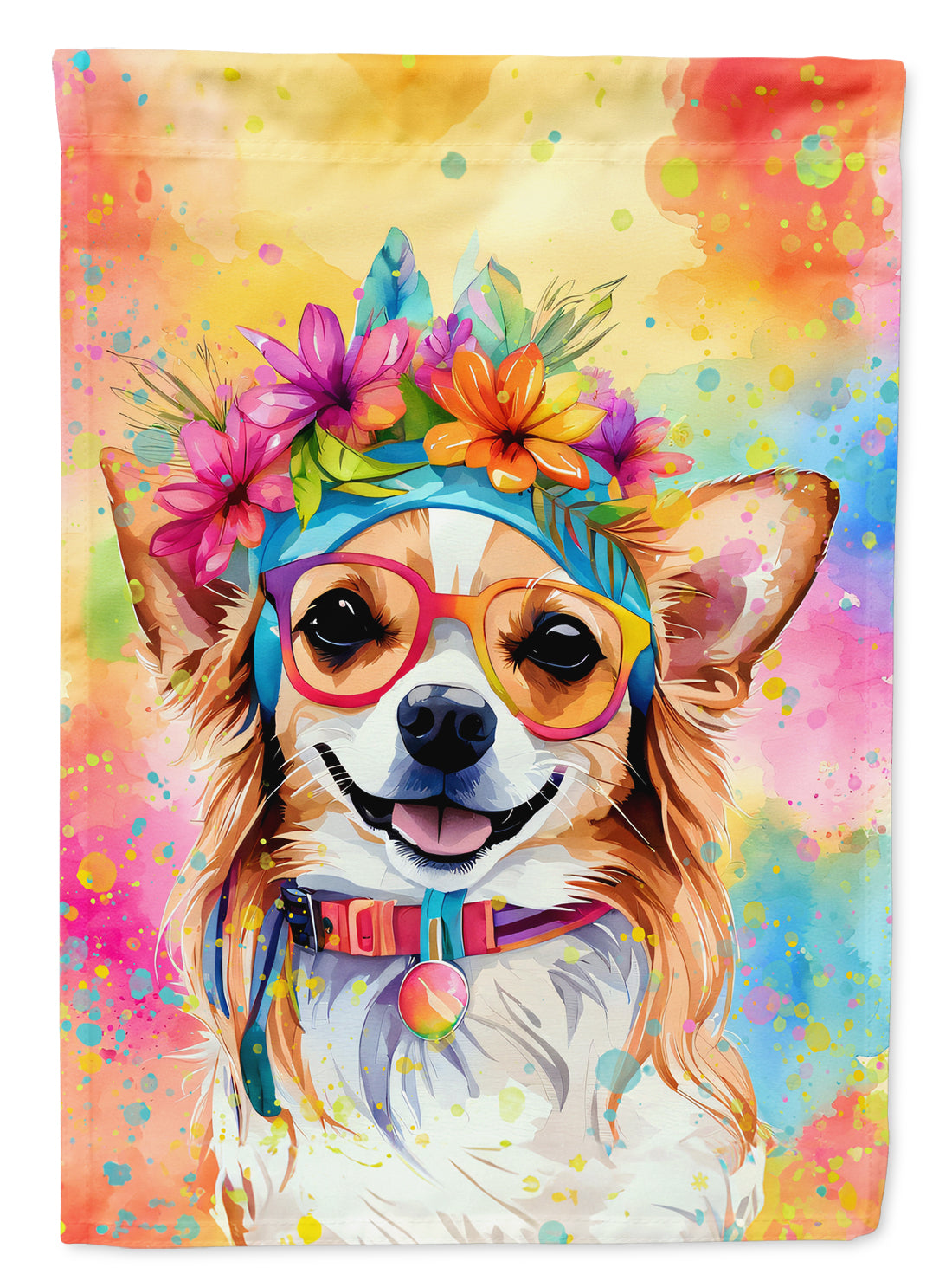 Chihuahua Hippie Dawg House Flag 28x40 Porch Sleeve Pole Decorative Outside Yard Banner Artwork Wall Hanging, Polyester